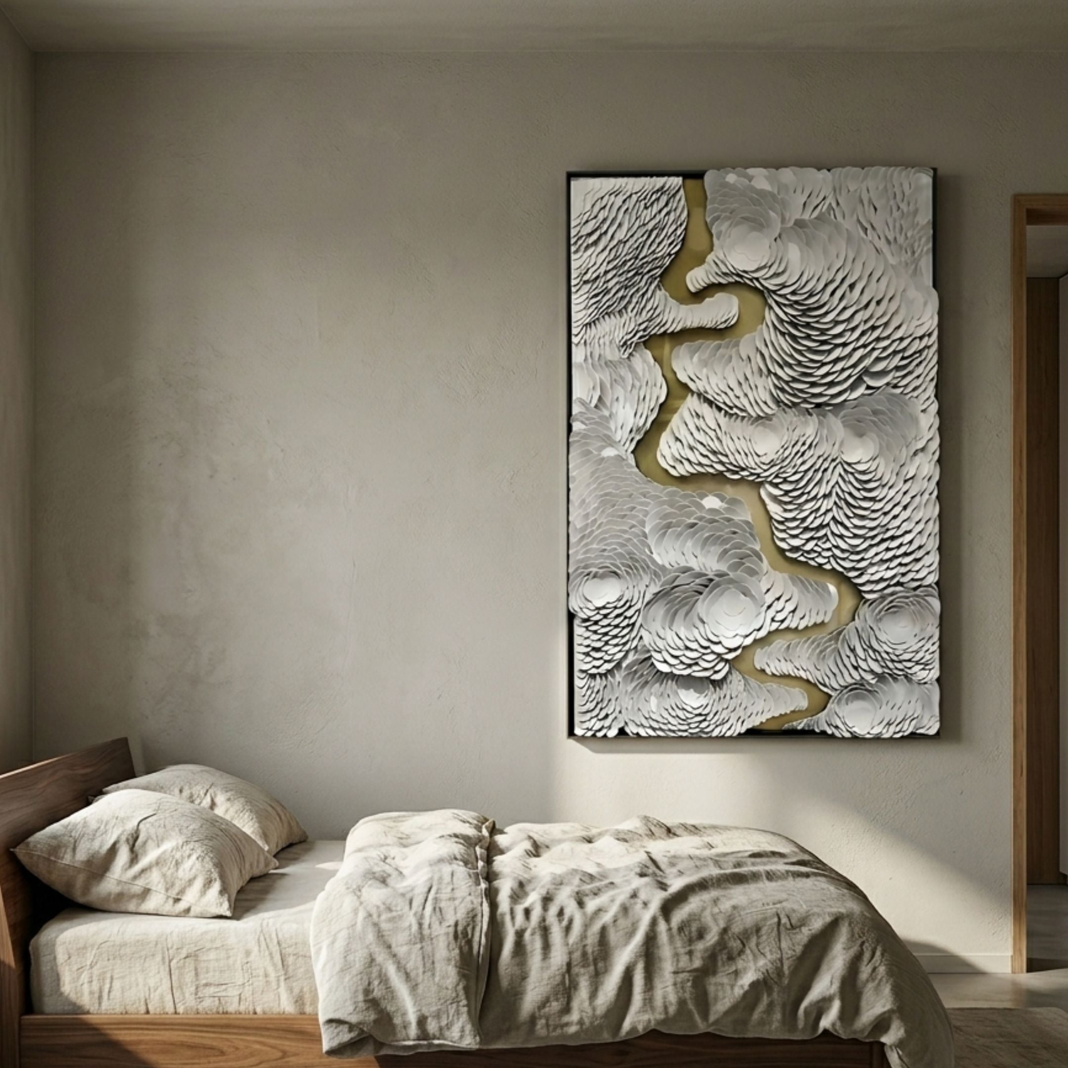 Virethra White Layered Leather & Mirror 3D Wall Art by Giant Sculptures displayed above a linen-dressed wooden bed in a warm minimalist bedroom.