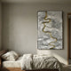 Virethra White Layered Leather & Mirror 3D Wall Art by Giant Sculptures displayed above a linen-dressed wooden bed in a warm minimalist bedroom.