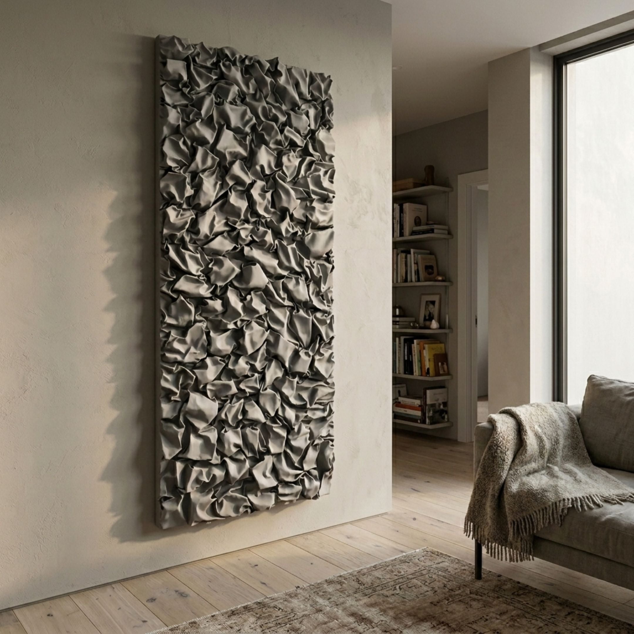 Veltrix Silver Folded Leather 3D Wall Art mounted vertically on a beige wall in a modern living room with a throw-draped sofa and bookshelves nearby.