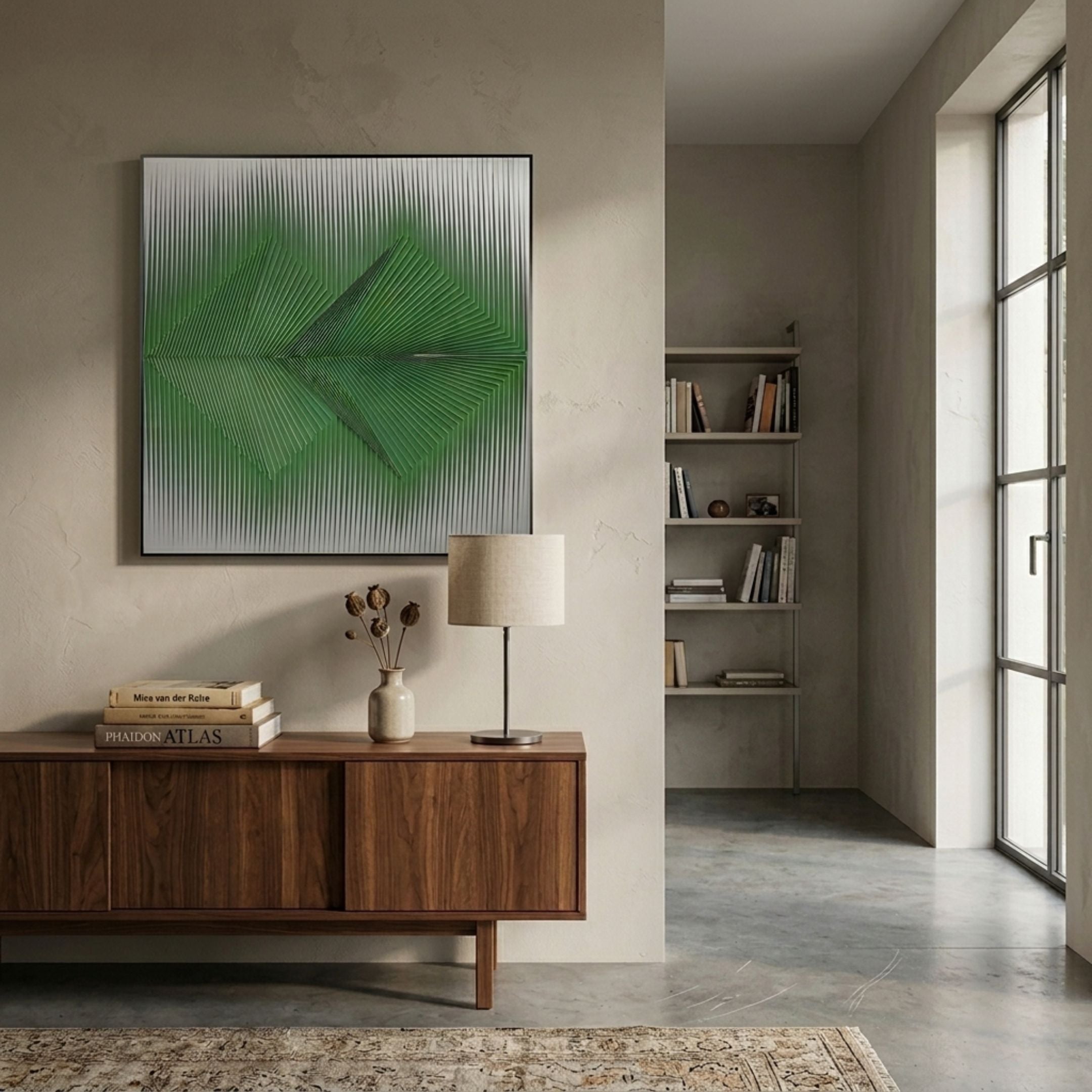 Vectra Green Chevron Gradient Leather 3D Wall Art by Giant Sculptures displayed above a walnut sideboard with lamp and books in a modern hallway.