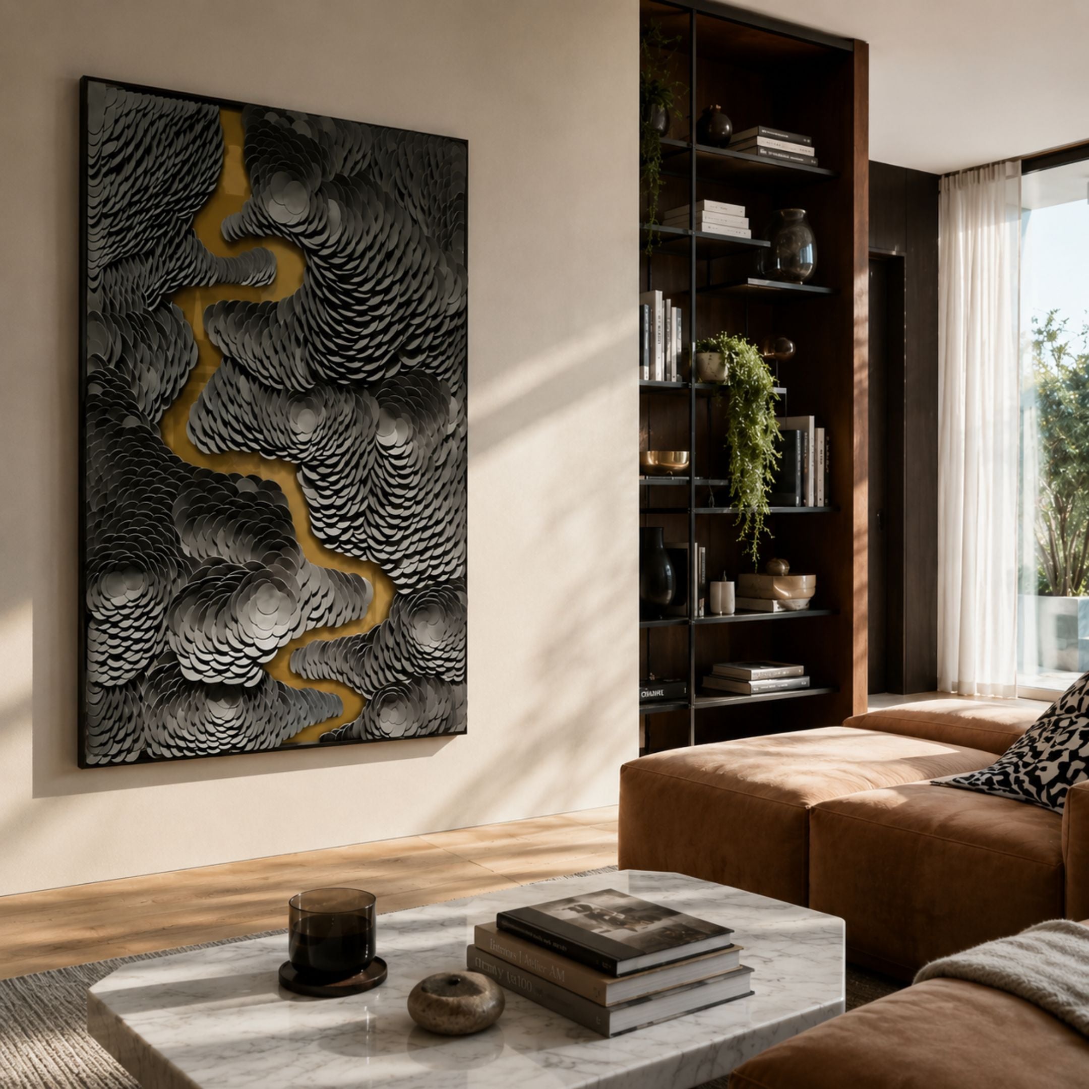 Virethra Grey Layered Leather & Mirror 3D Wall Art by Giant Sculptures displayed in a modern living room with tan leather sofa, marble table, and bookshelf.
