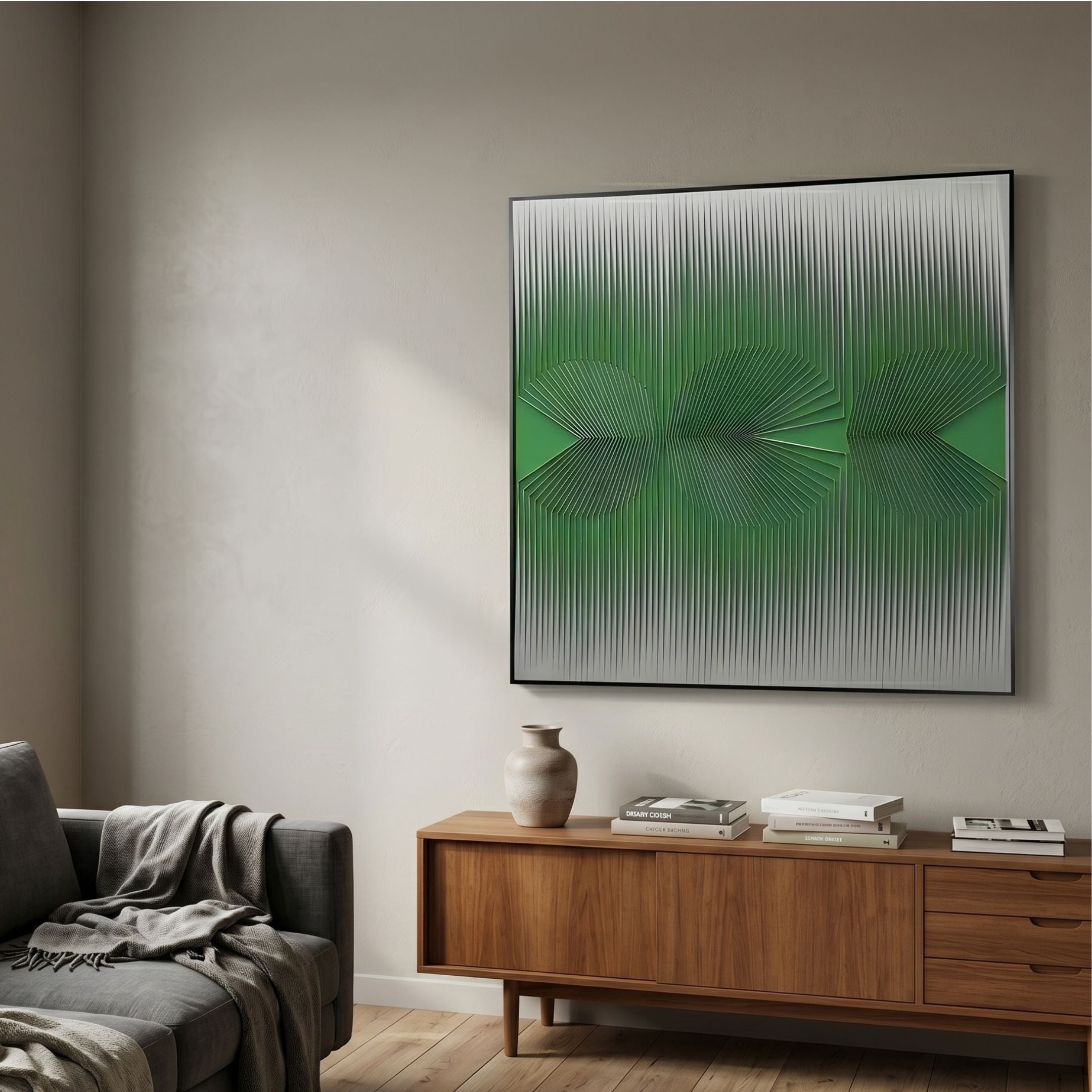 Vectra Green Orbital Gradient Leather 3D Wall Art mounted above a walnut sideboard with ceramic vase and books, beside a grey sofa in a living room.