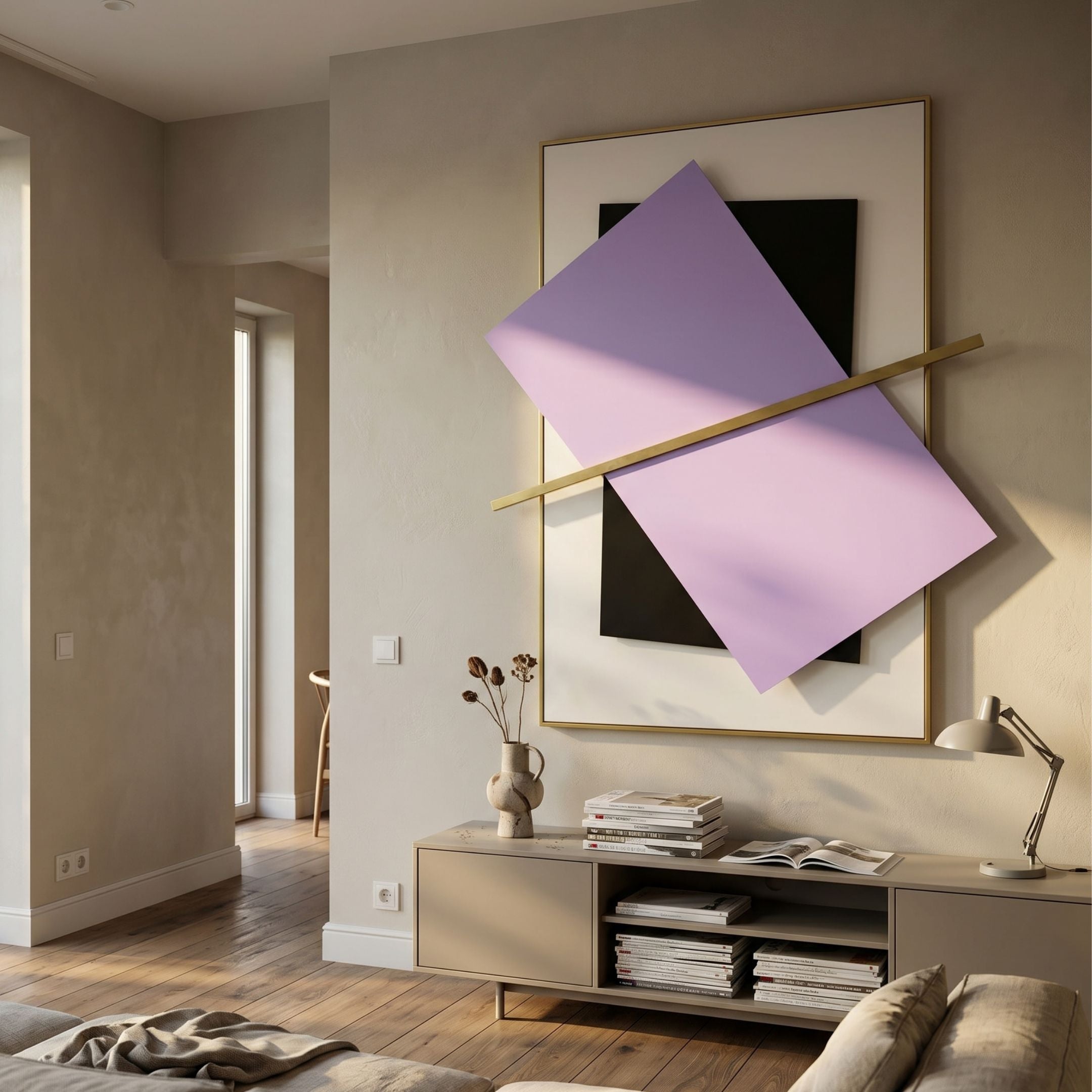 Vectura Purple & Black Leather Vertical 3D Wall Art with layered lilac and black panels crossed by a gold bar, displayed above a console in a beige living room.