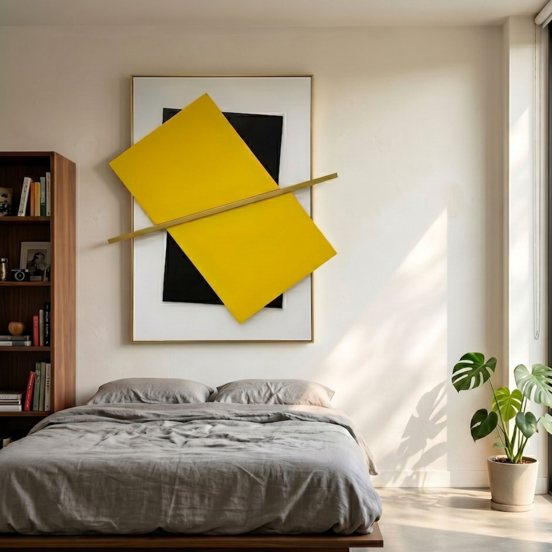 Vectura Yellow & Black Leather Vertical 3D Wall Art by Giant Sculptures mounted above a grey linen bed, beside a wooden bookshelf and monstera plant.