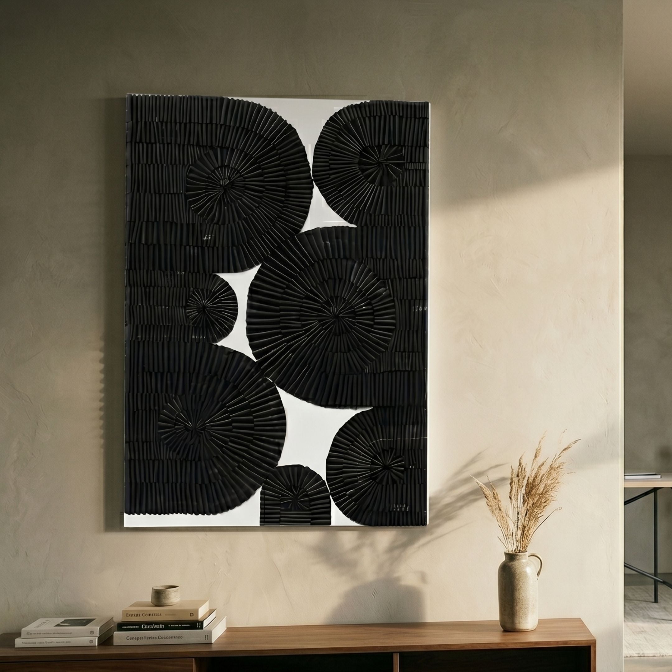 Noctura III Black & White Leather 3D Wall Art by Giant Sculptures displayed above a wooden console with books and a vase of pampas grass in a warm neutral room.