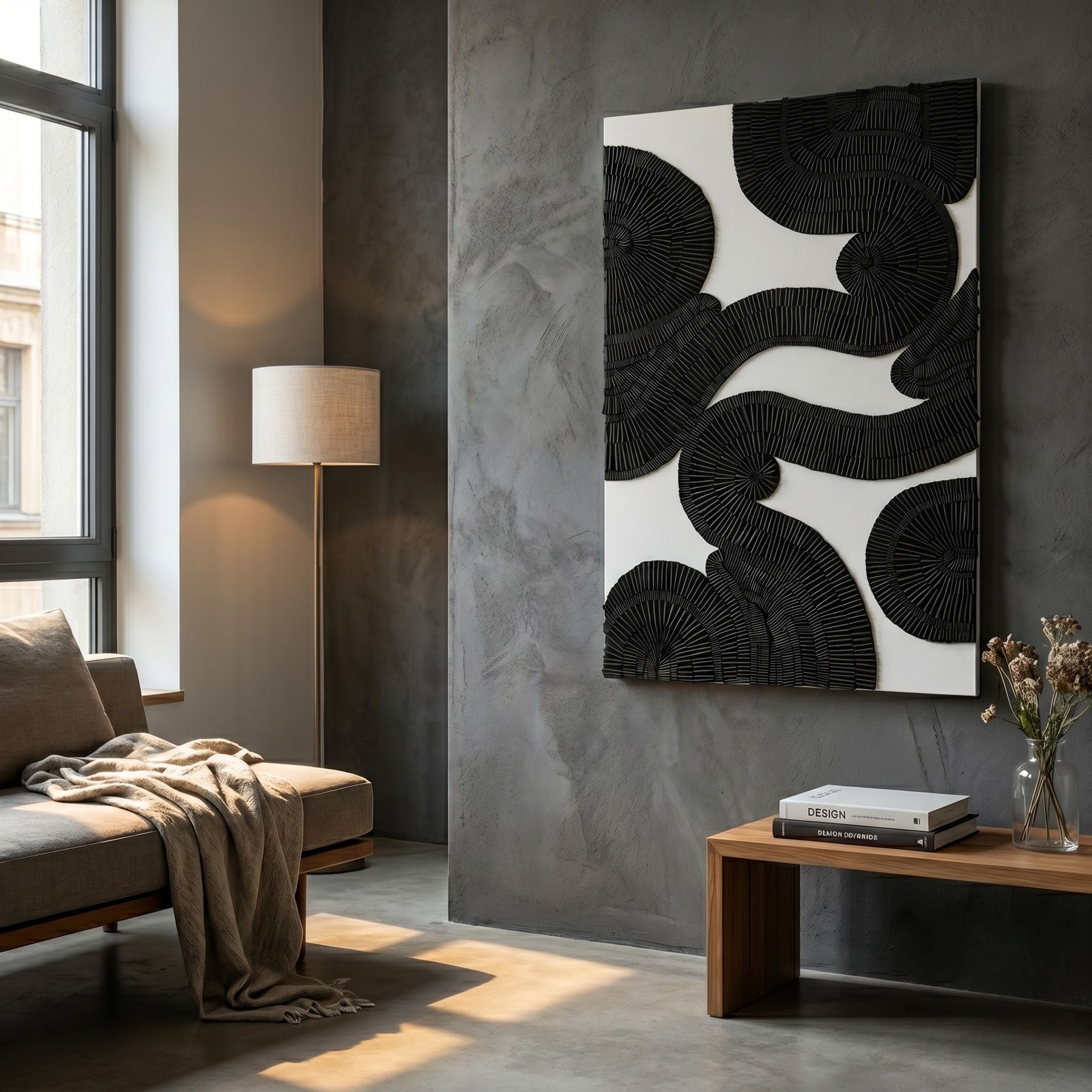 Noctura I Black & White Leather 3D Wall Art by Giant Sculptures mounted on a grey textured wall in a modern living room with floor lamp and bench.