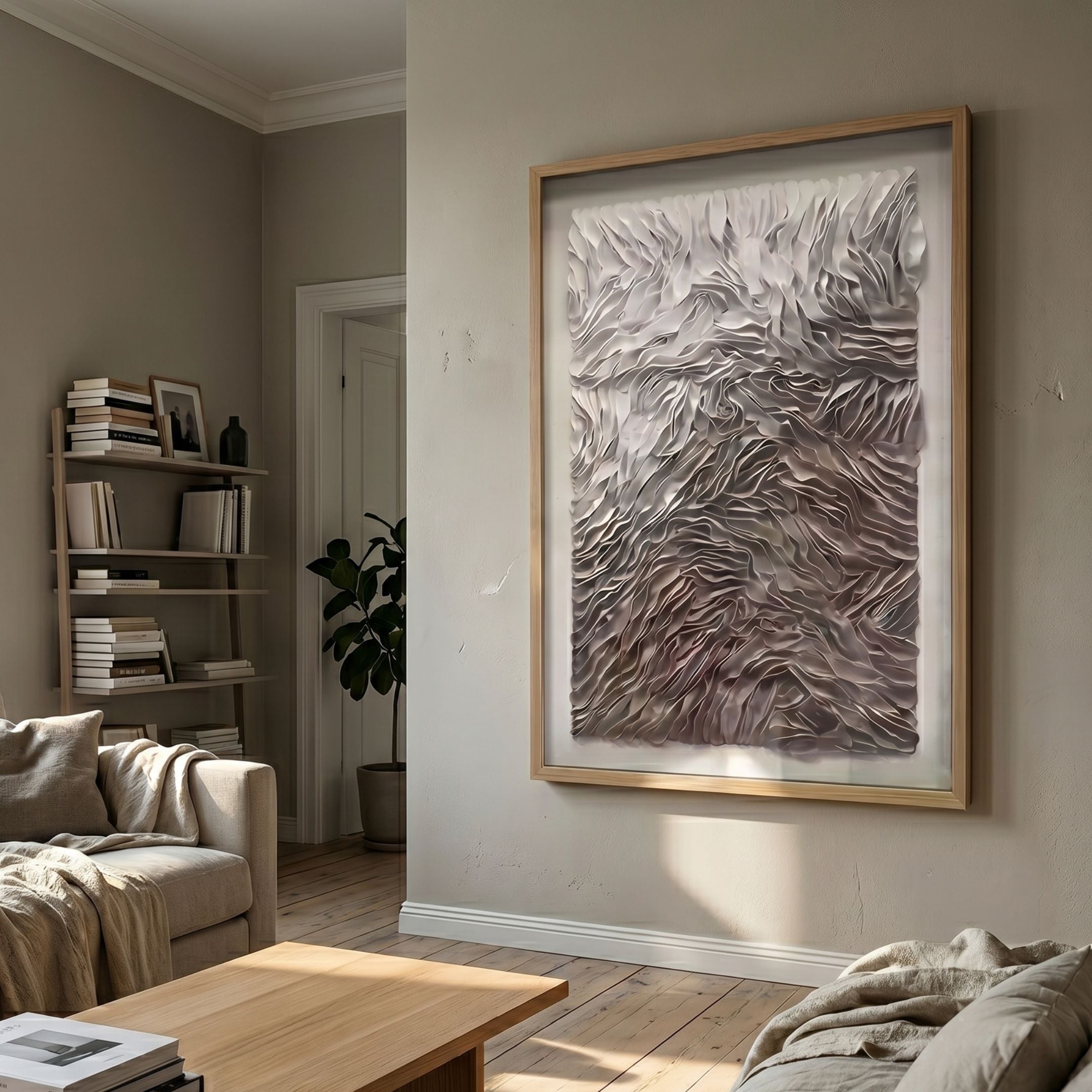 Florasca Mauve Ripple Leather 3D Framed Wall Art by Giant Sculptures displayed on a beige living room wall above a sofa, bookshelf, and wooden coffee table.