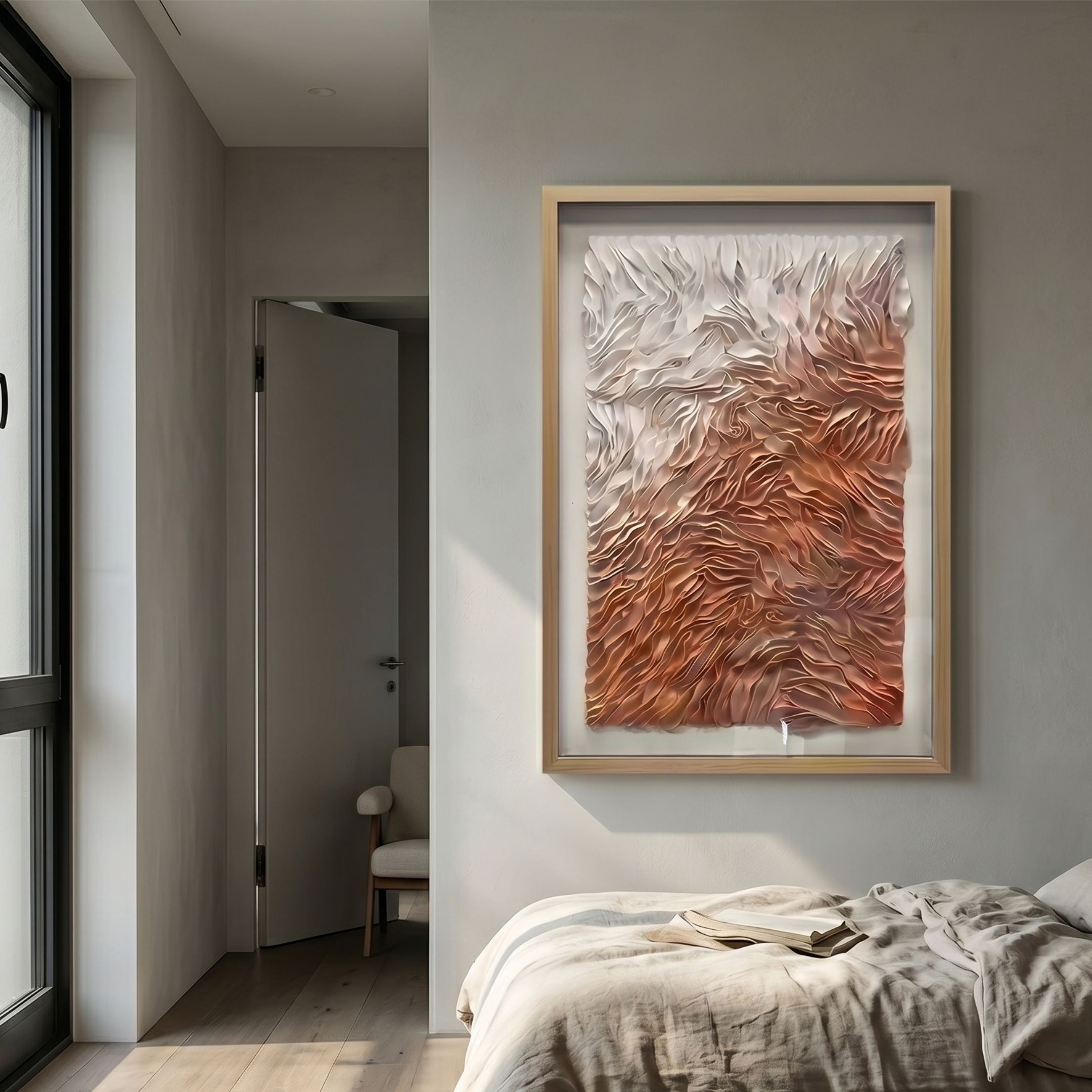 Florasca Copper Ripple Leather 3D Framed Wall Art by Giant Sculptures displayed above a linen-dressed bed in a modern bedroom with hallway view.