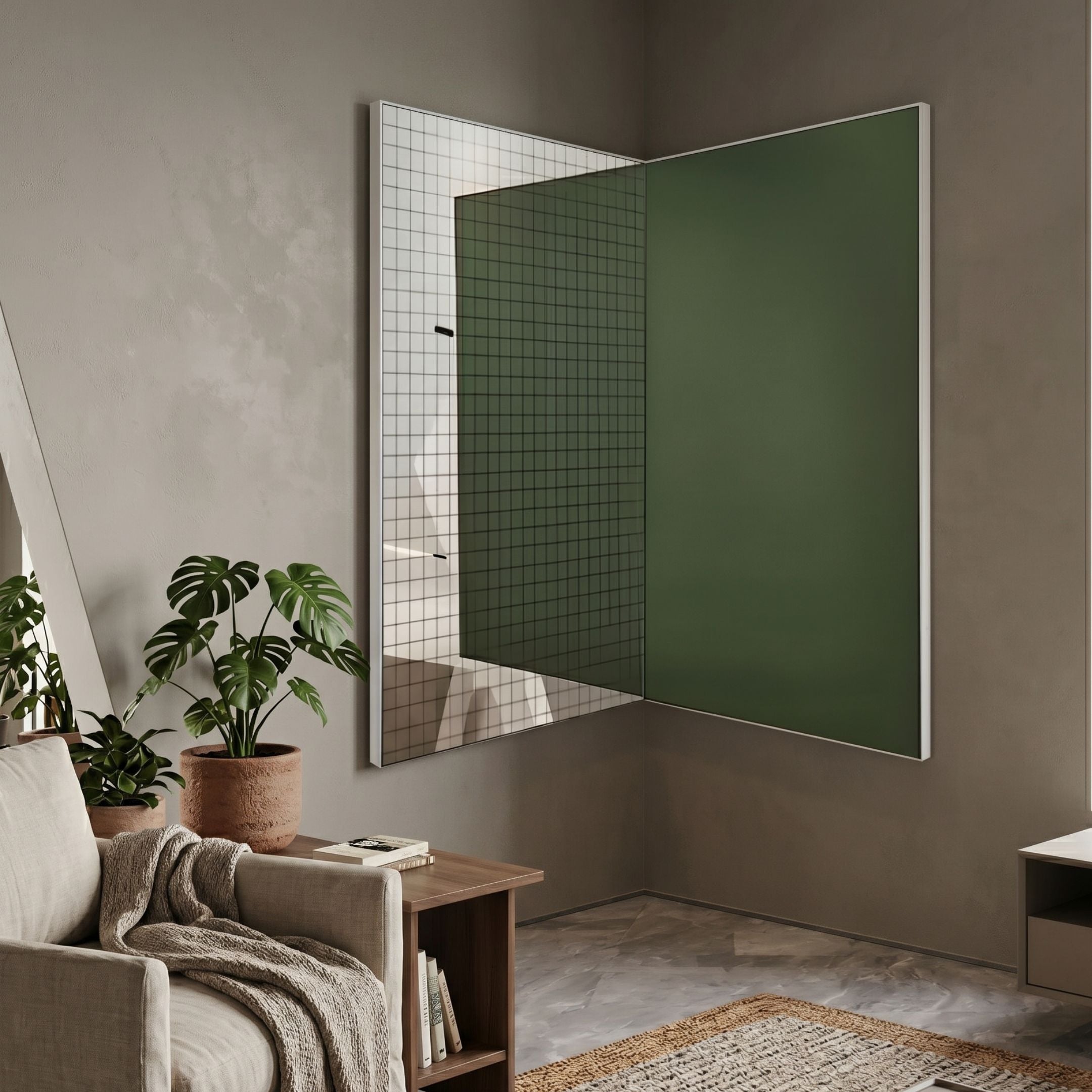 Grilith Green Grid Mirror Dual Panel 3D Wall Art by Giant Sculptures mounted across a corner in a neutral living room with monstera plants and a beige sofa.