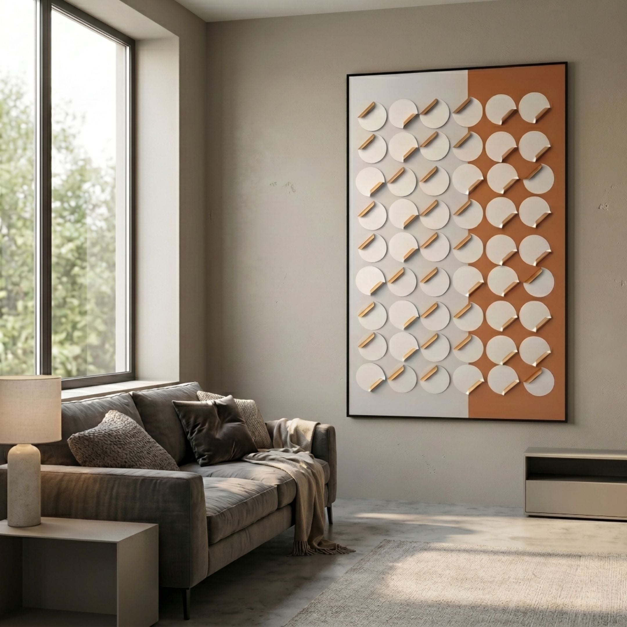 Cirquon White & Tan Contrast Leather Curl Disc 3D Wall Art by Giant Sculptures mounted above a grey sofa in a modern living room with a tall window.