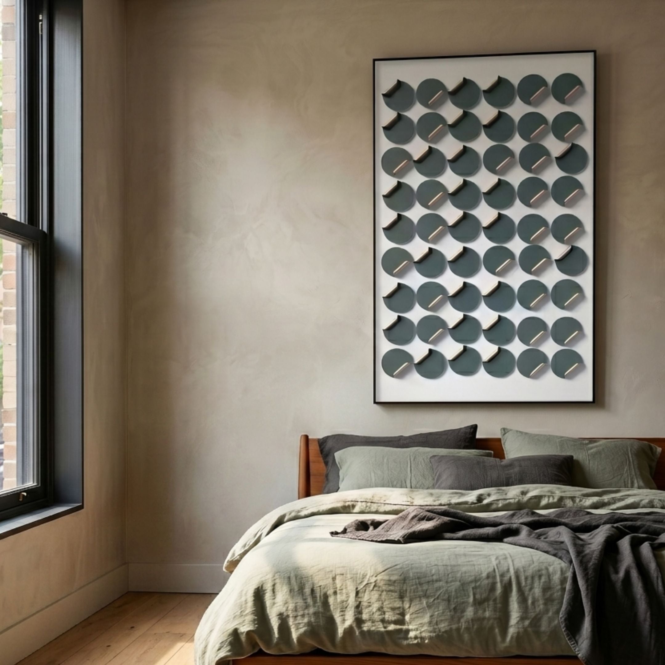 Cirquon Green Leather Curl Disc 3D Wall Art by Giant Sculptures displayed above a wooden bed with sage and grey linens in a modern bedroom.