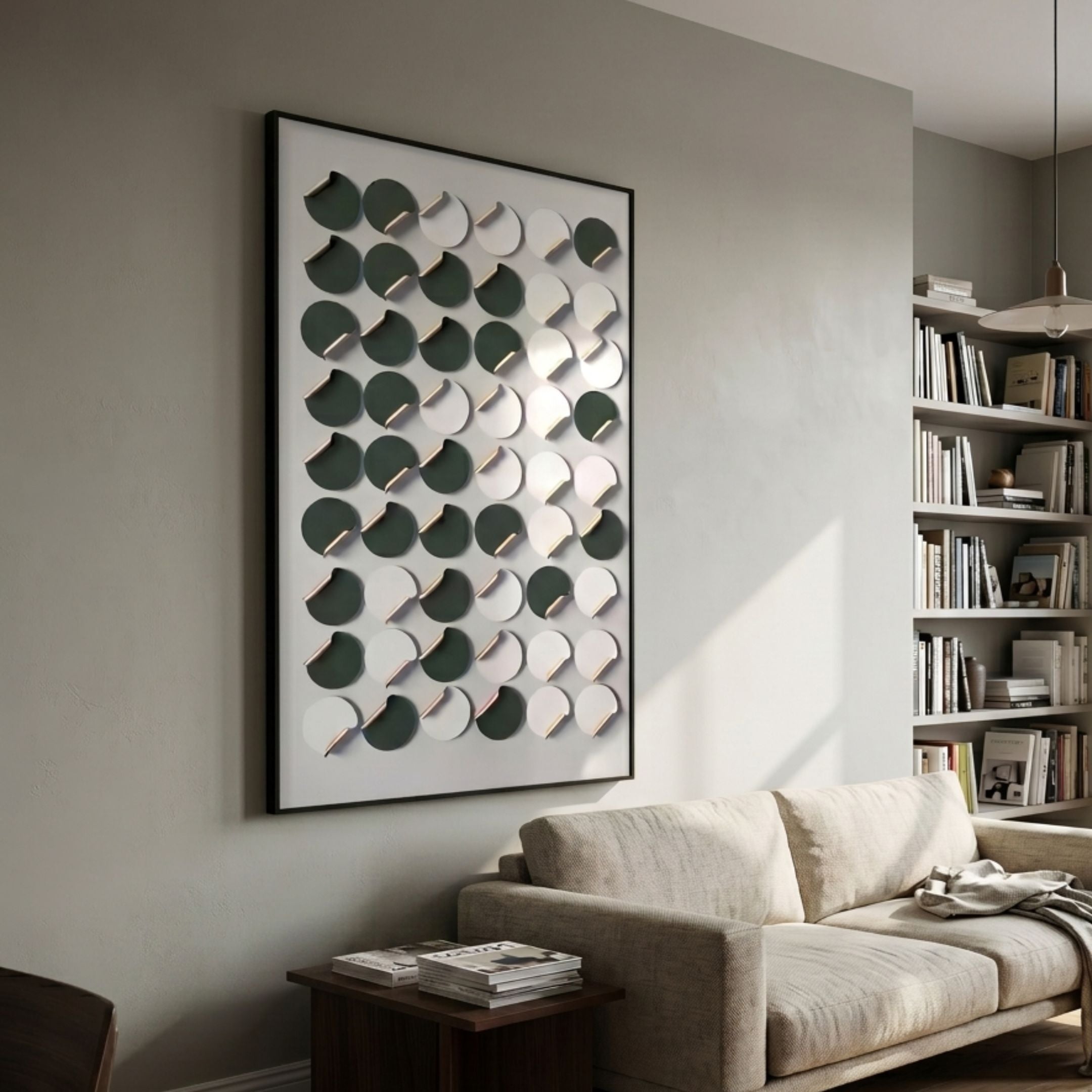 Cirquon White & Green Leather Curl Disc 3D Wall Art by Giant Sculptures displayed in a living room above a cream sofa beside a white bookshelf.