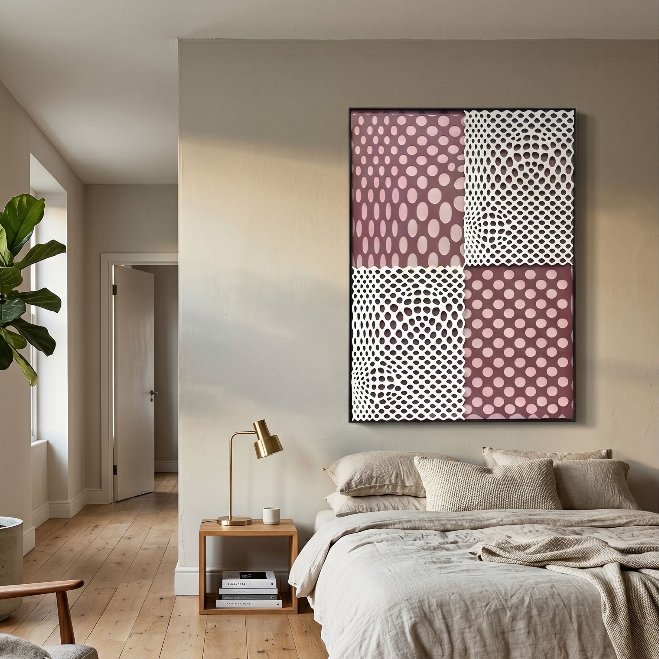 Virelli Plum Grid Dot Mesh 3D Carving Wall Art by Giant Sculptures displayed above a linen bed with brass lamp and timber nightstand in a neutral bedroom.