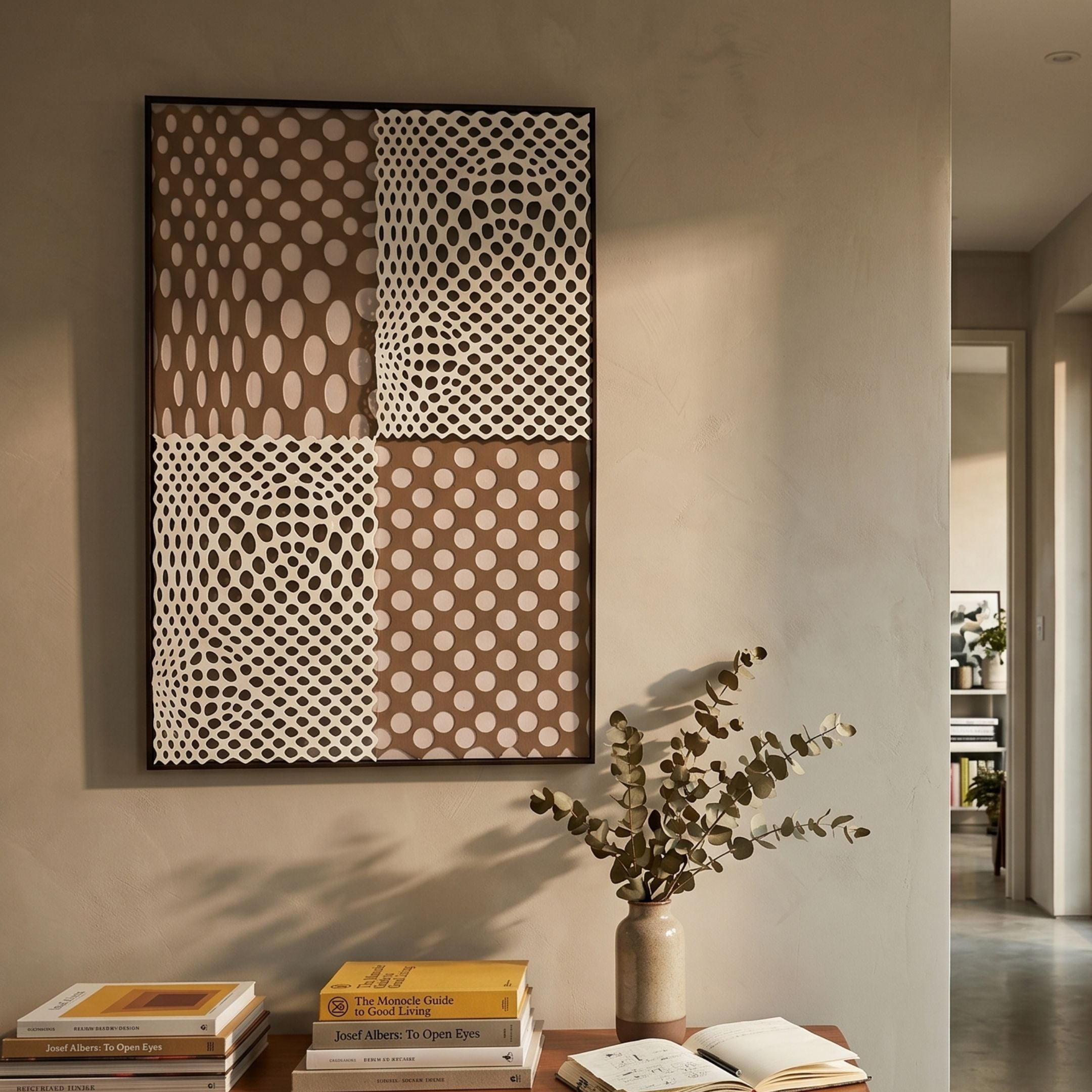 Virelli Taupe Grid Dot Mesh 3D Carving Wall Art by Giant Sculptures displayed in a neutral hallway above a console with books and a eucalyptus vase.