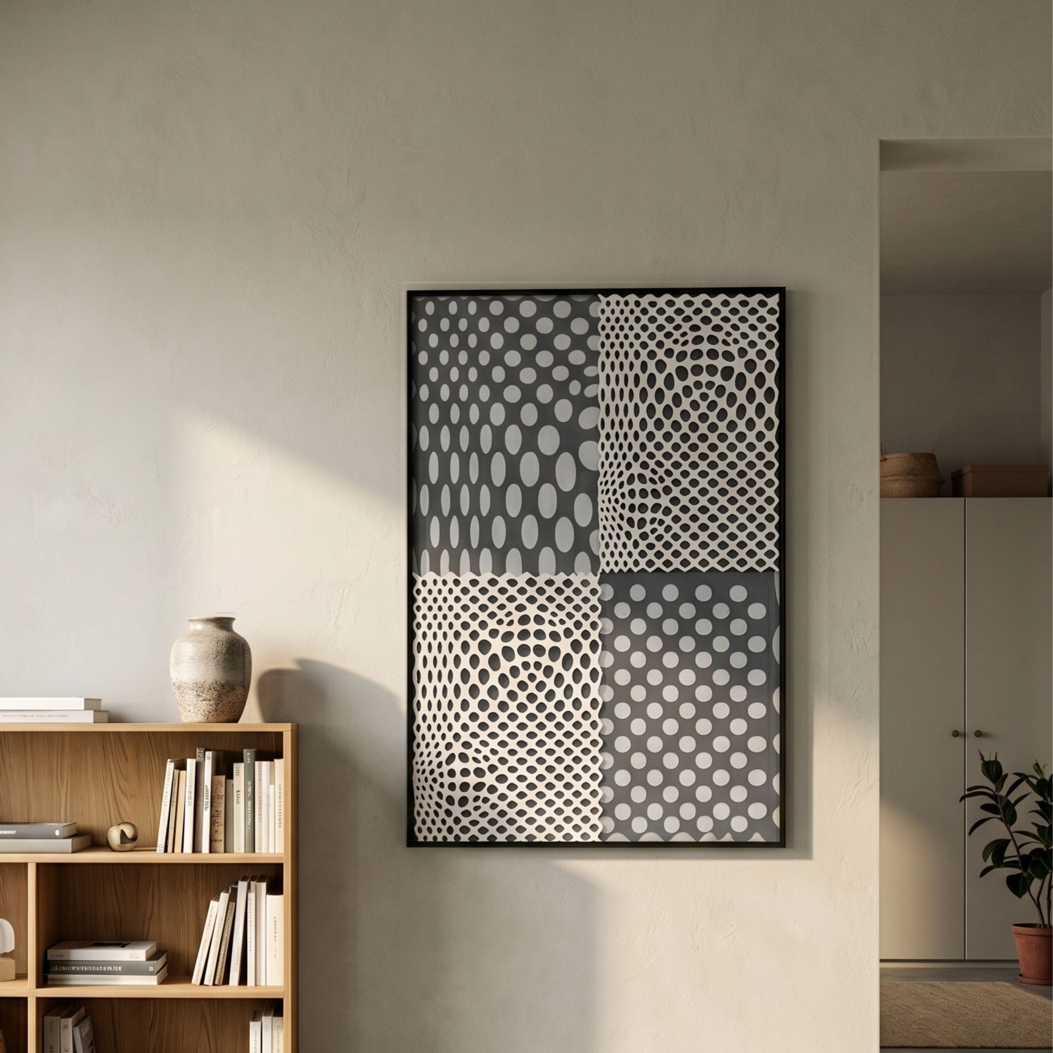 Virelli Slate Grid Dot Mesh 3D Carving Wall Art by Giant Sculptures, displayed in a neutral living space beside a wooden bookshelf with a stoneware vase.