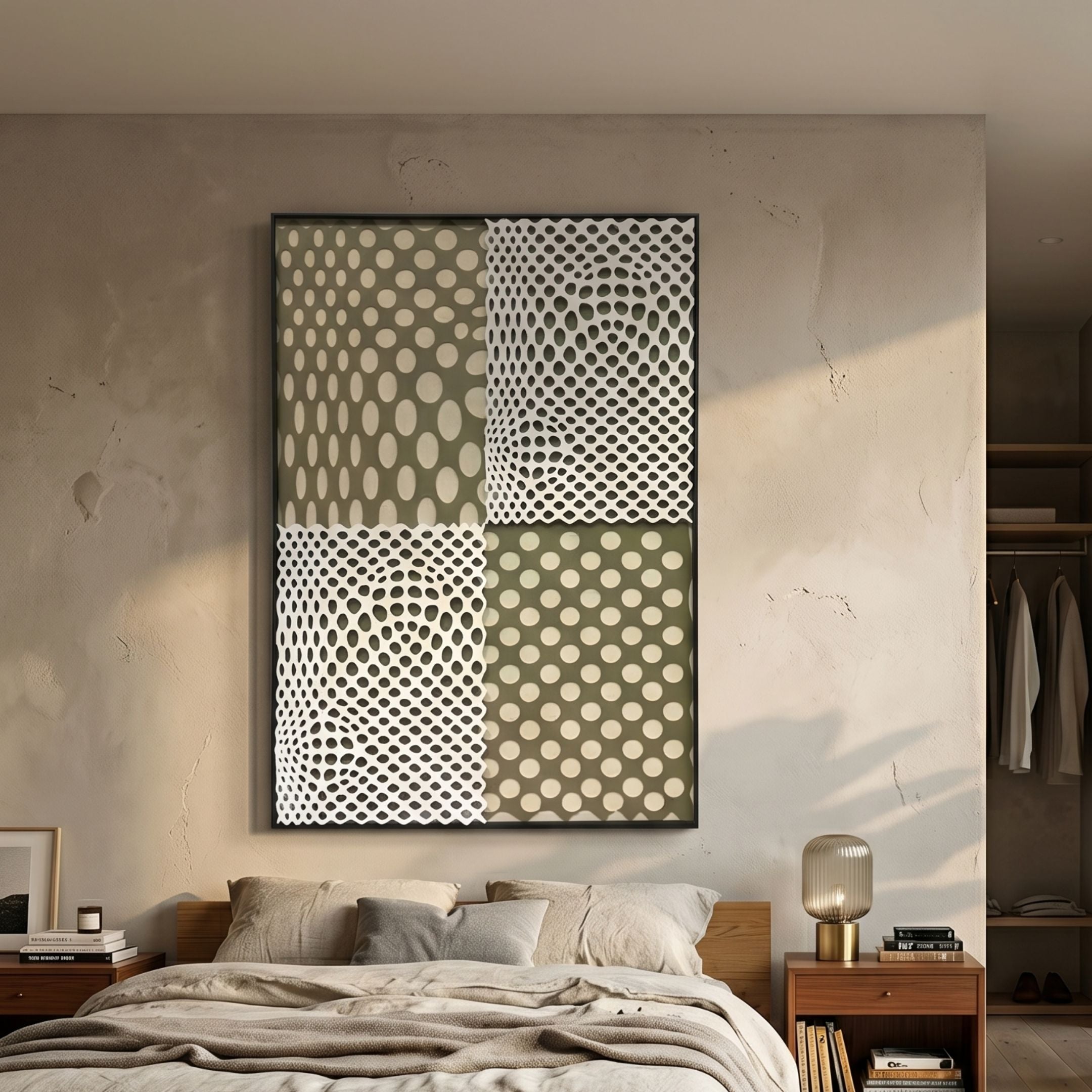 Virelli Olive Grid Dot Mesh 3D Carving Wall Art mounted above a wooden bed with linen bedding, framed in black with olive and white dot panels.