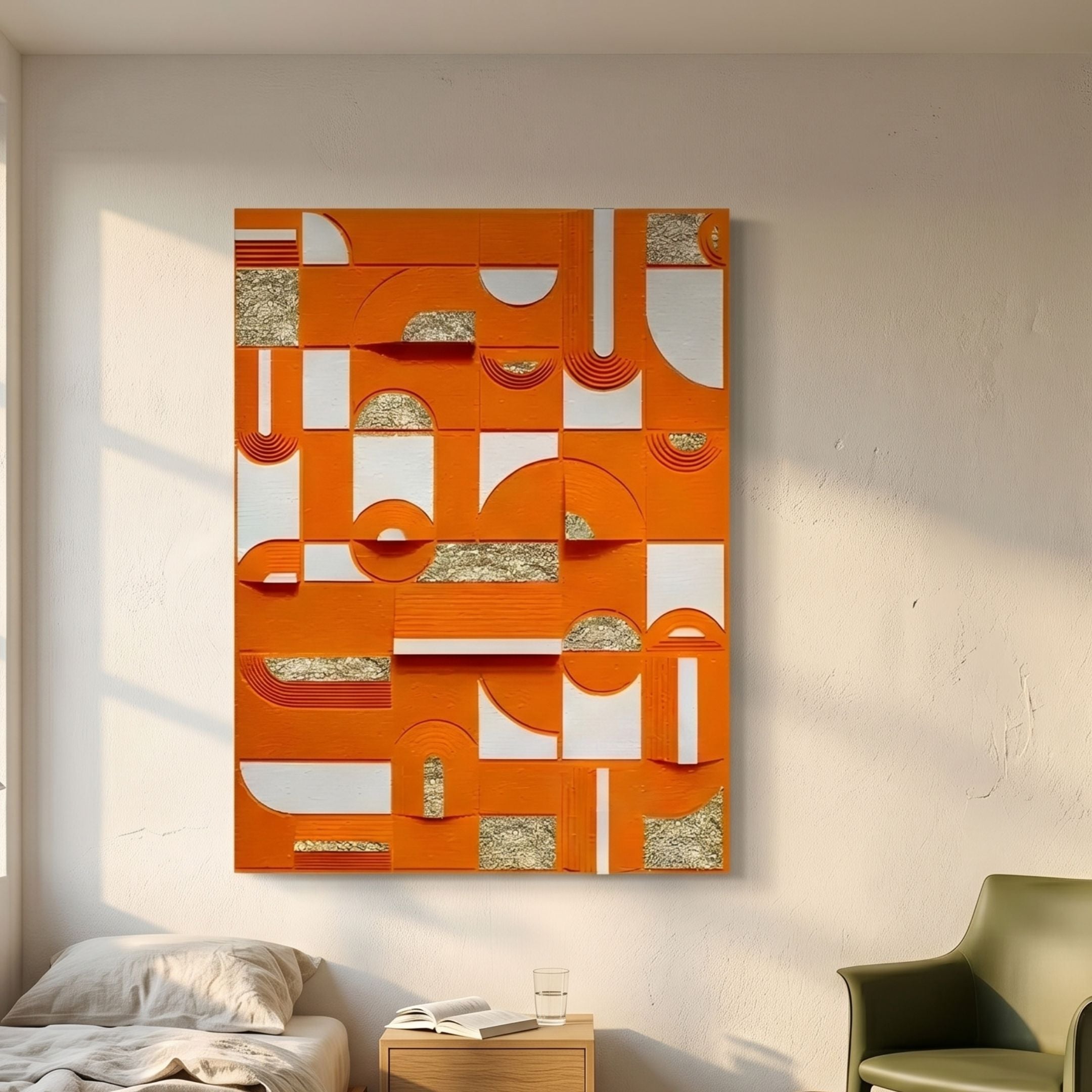 Moduvo Gold Accent Orange 3D Carving Wall Art by Giant Sculptures displayed above a bedside table and green armchair in a sunlit cream-walled room.