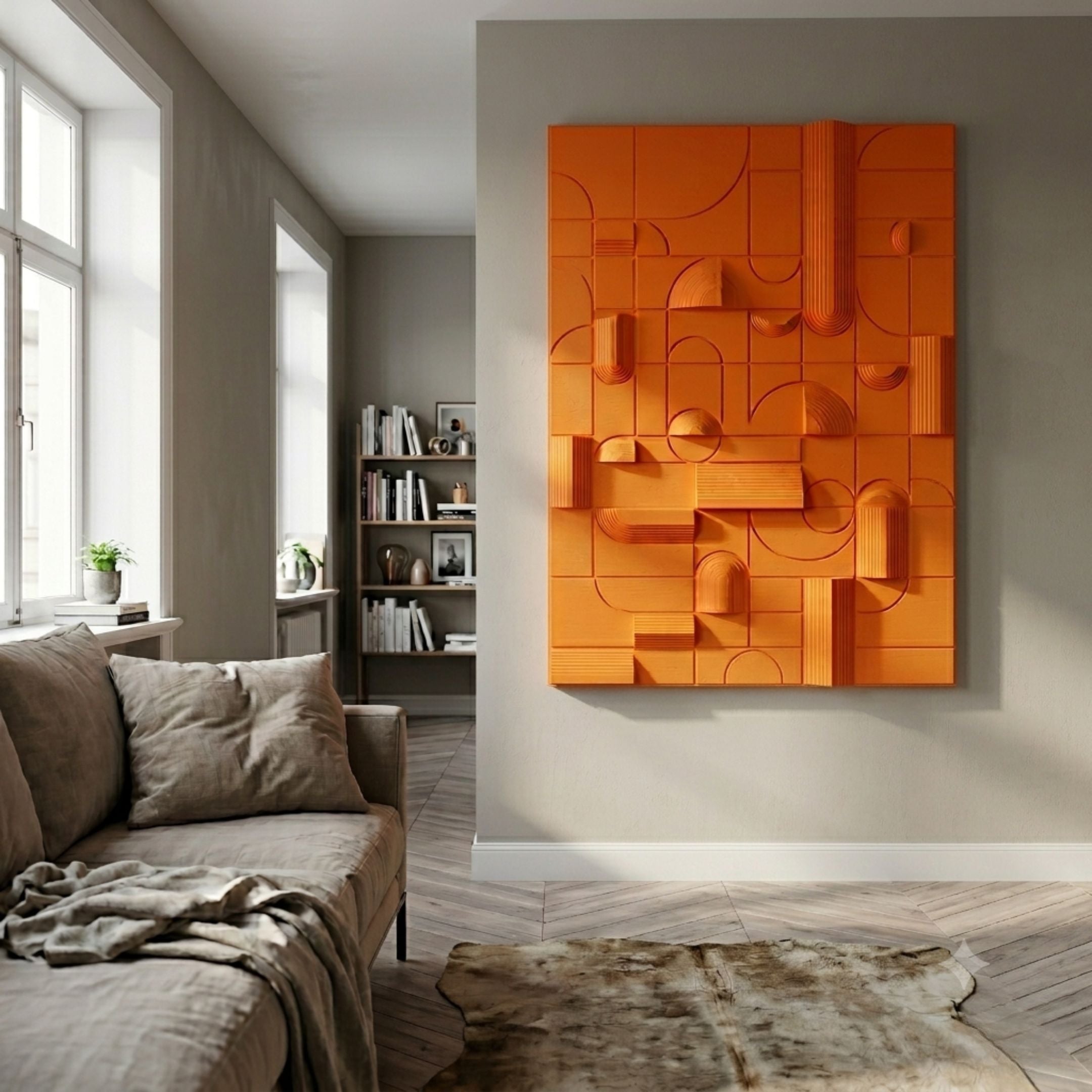 Moduvo Orange Geometric 3D Carving Wall Art by Giant Sculptures mounted on a grey living room wall above a taupe sofa, near a bookshelf and bright window.