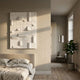 Moduvo White Geometric 3D Carving Wall Art by Giant Sculptures mounted above an upholstered bed in a neutral bedroom with wood floors and a fiddle leaf fig.
