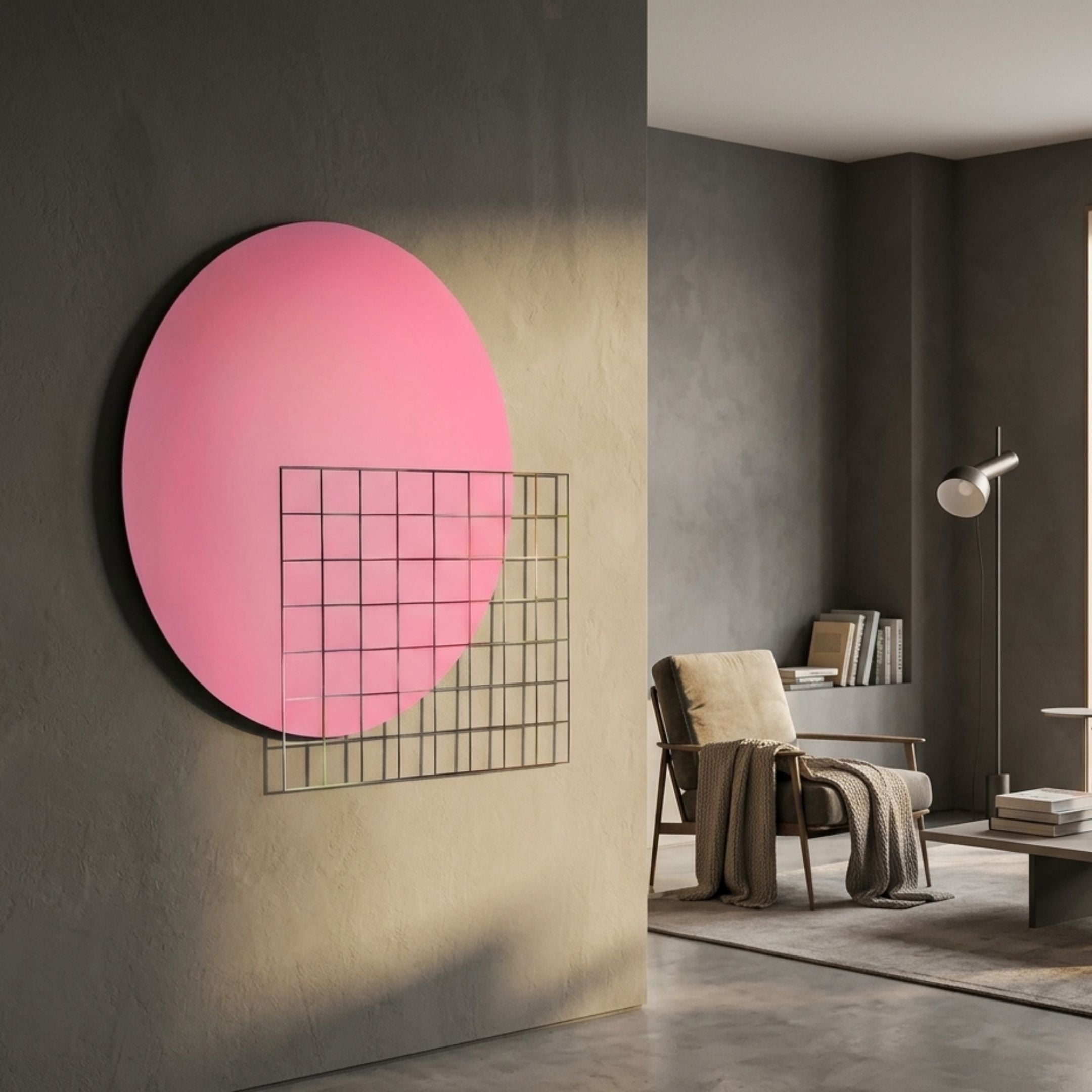 Orivis Rose Disc Metal Grid 3D Wall Art by Giant Sculptures mounted on a grey wall in a modern living room beside a cushioned armchair and floor lamp.
