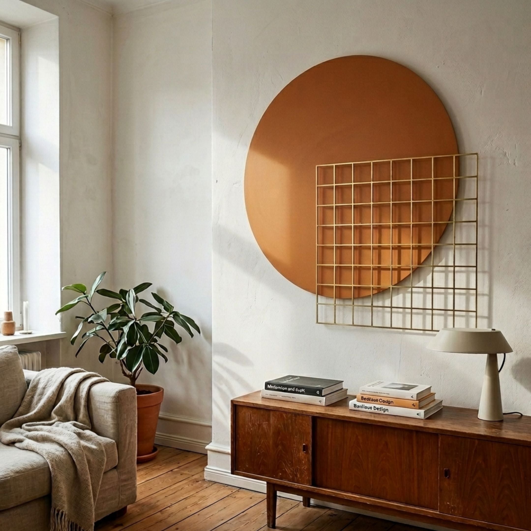 Orivis Amber Disc Metal Grid 3D Wall Art by Giant Sculptures displayed above a wooden sideboard in a sunlit living room with a potted plant and linen sofa.
