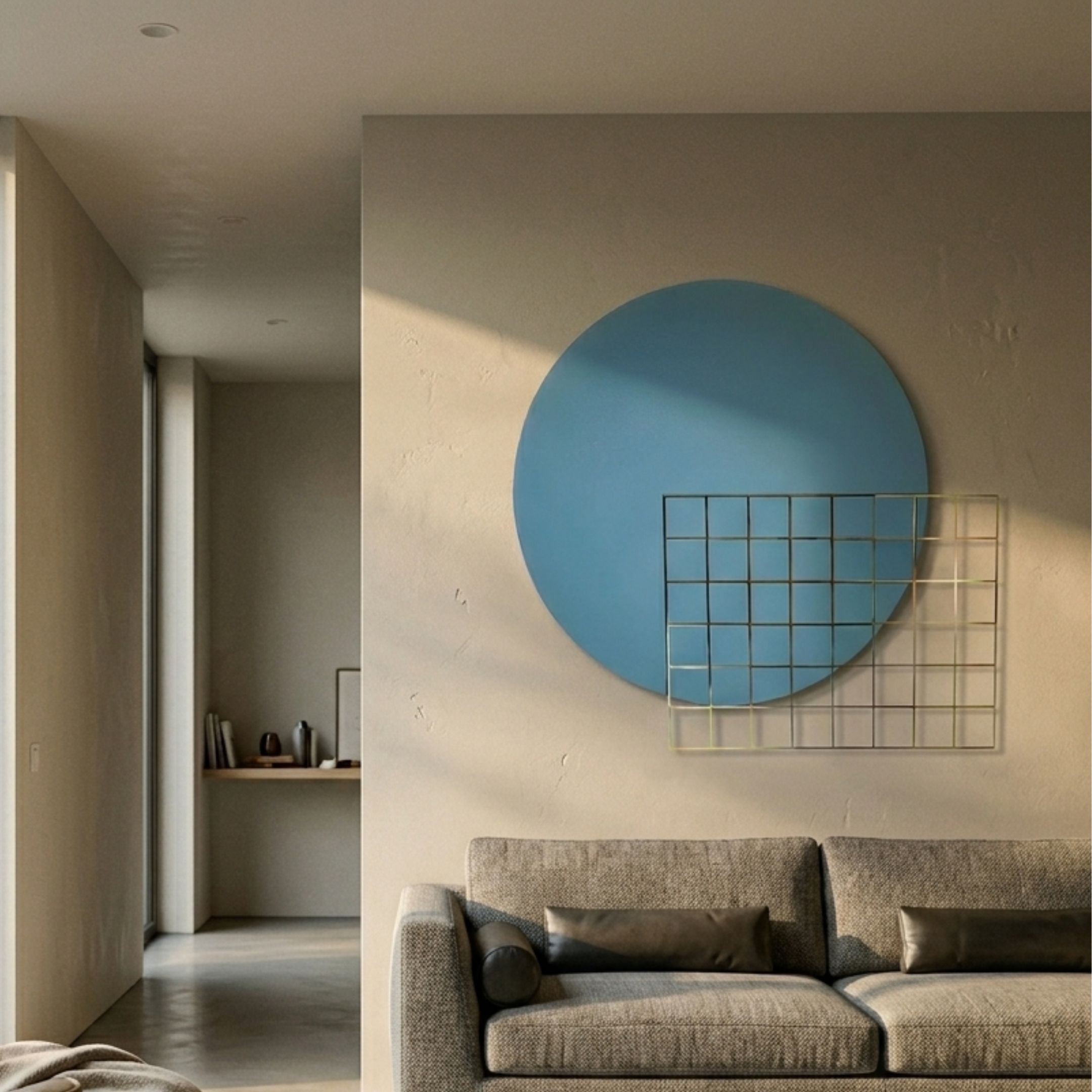 Orivis Aqua Disc Metal Grid 3D Wall Art by Giant Sculptures mounted above a grey sofa in a minimalist living room with a hallway view.