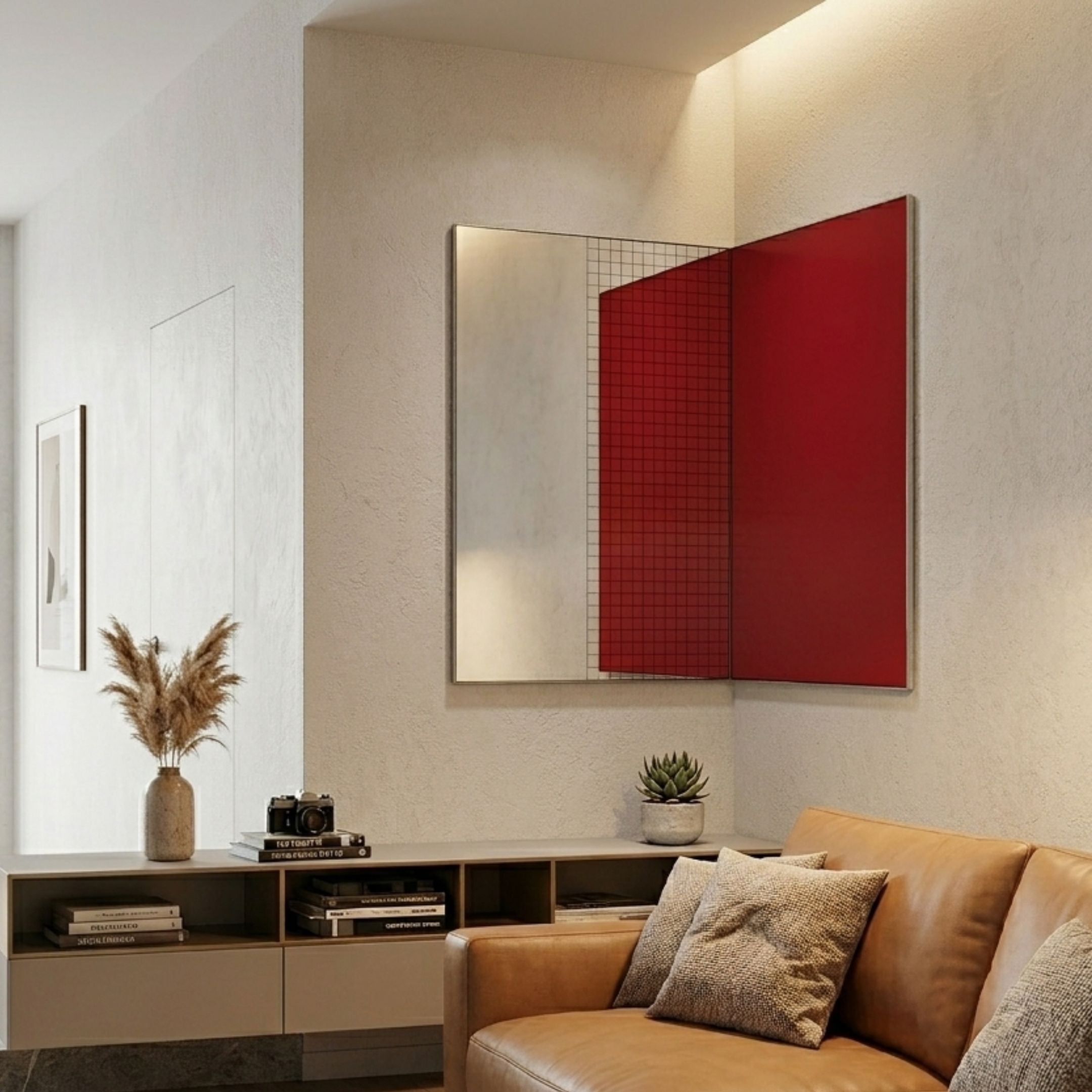Grilith Red Grid Mirror Dual Panel 3D Wall Art by Giant Sculptures mounted above a low console in a modern living room with a tan leather sofa.