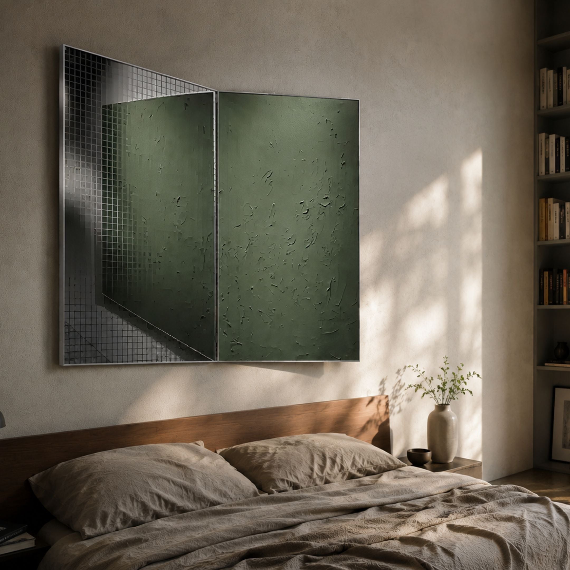Grilith Green Textured Mirror Dual Panel 3D Wall Art by Giant Sculptures, mounted above a wooden bed with linen bedding, beside a bookshelf in a sunlit bedroom.