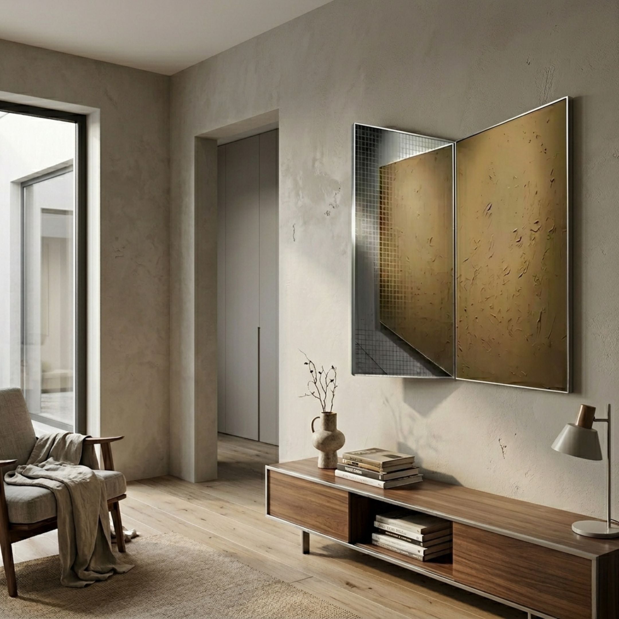Grilith Sand Textured Mirror Dual Panel 3D Wall Art by Giant Sculptures displayed above a walnut console in a minimalist living room with armchair and window.