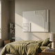Lineaform Corner Cascade Wood Carving 3D Wall Art by Giant Sculptures mounted above a bed with olive linen, beside a bookshelf and lamp in a sunlit bedroom.