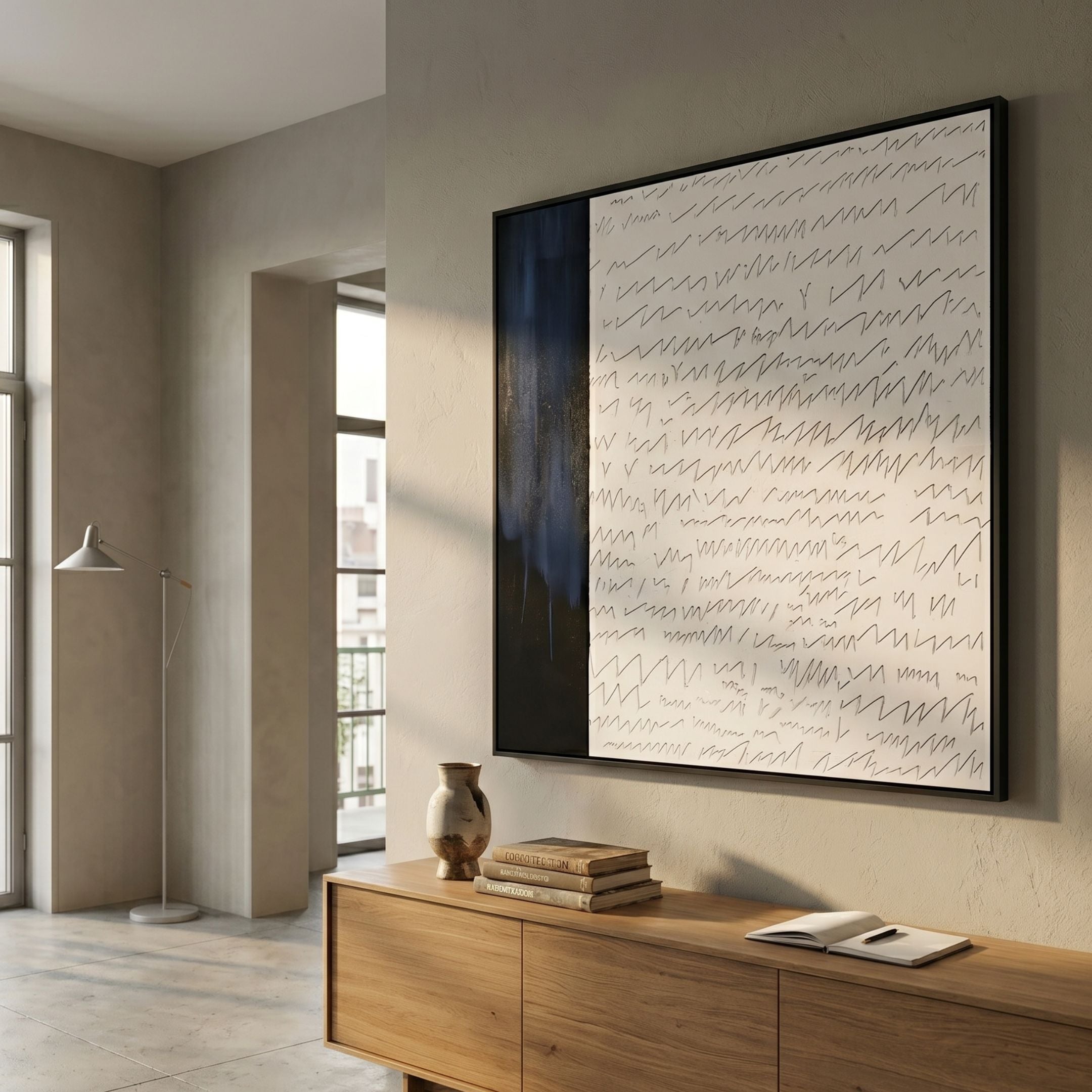Skriva Indigo Script Textured 3D Carving Wall Art by Giant Sculptures, mounted above a wooden sideboard with books and vase in a sunlit neutral living space.