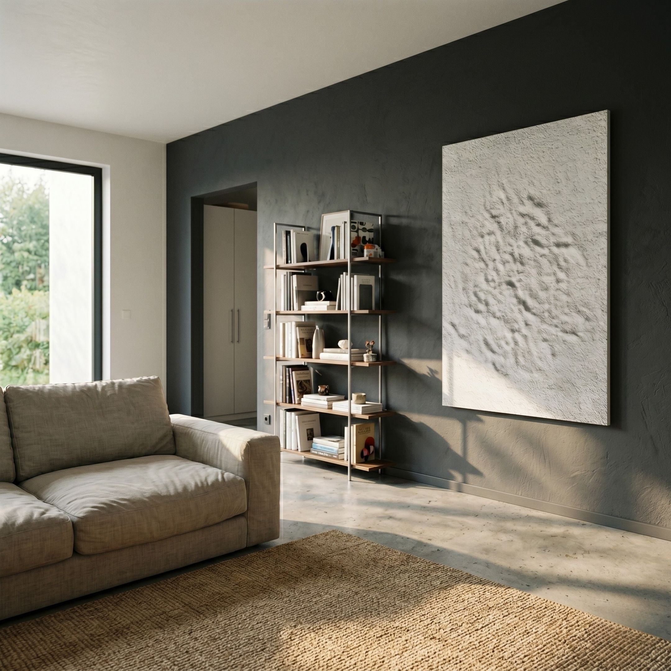 Cavara Ridge Bloom Textured White 3D Relief Wall Art by Giant Sculptures mounted on a dark grey wall in a modern living room with a beige sofa and bookshelf.
