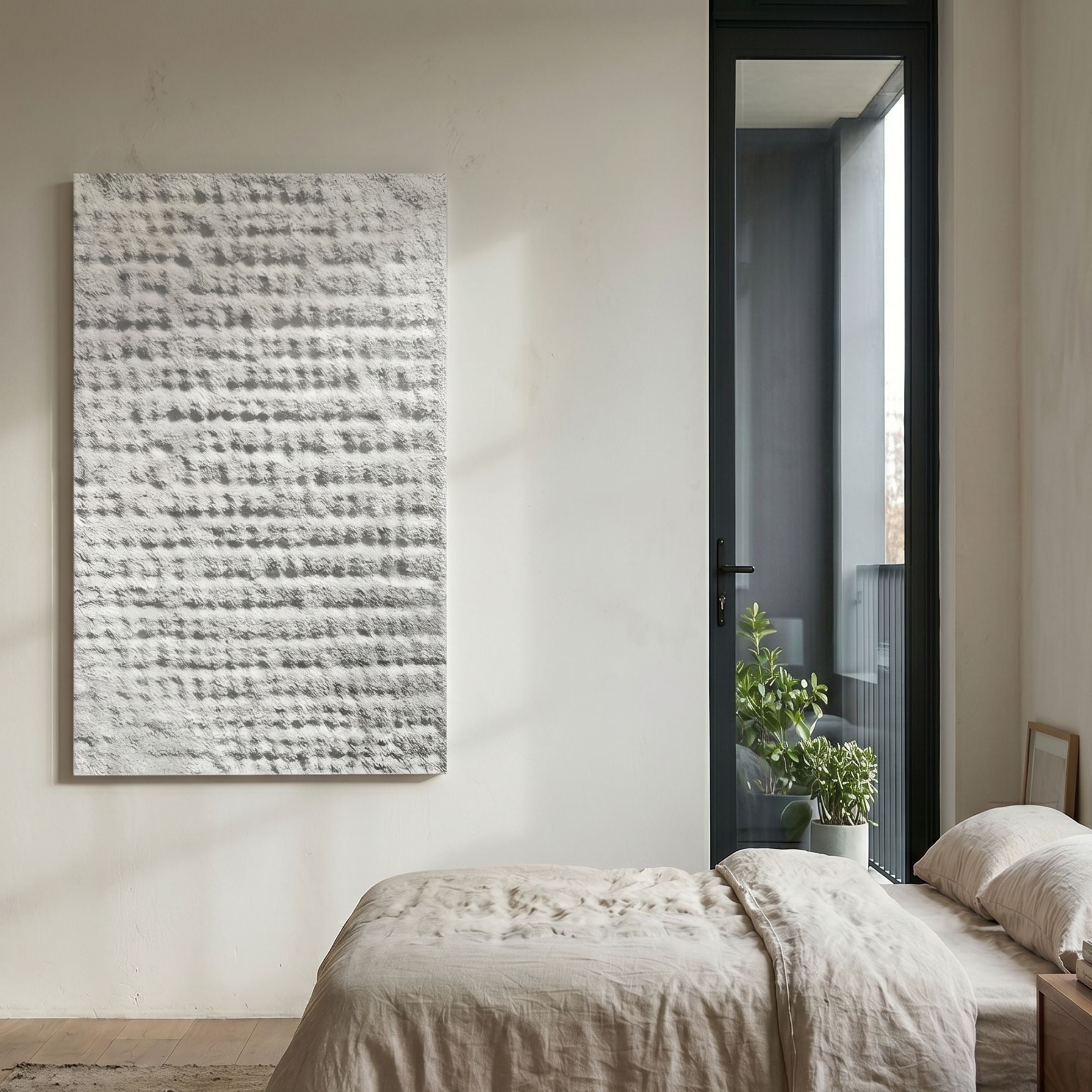 Cavara Gridfall Textured White 3D Relief Wall Art by Giant Sculptures displayed in a minimalist bedroom beside a tall black-framed window and linen-dressed bed.