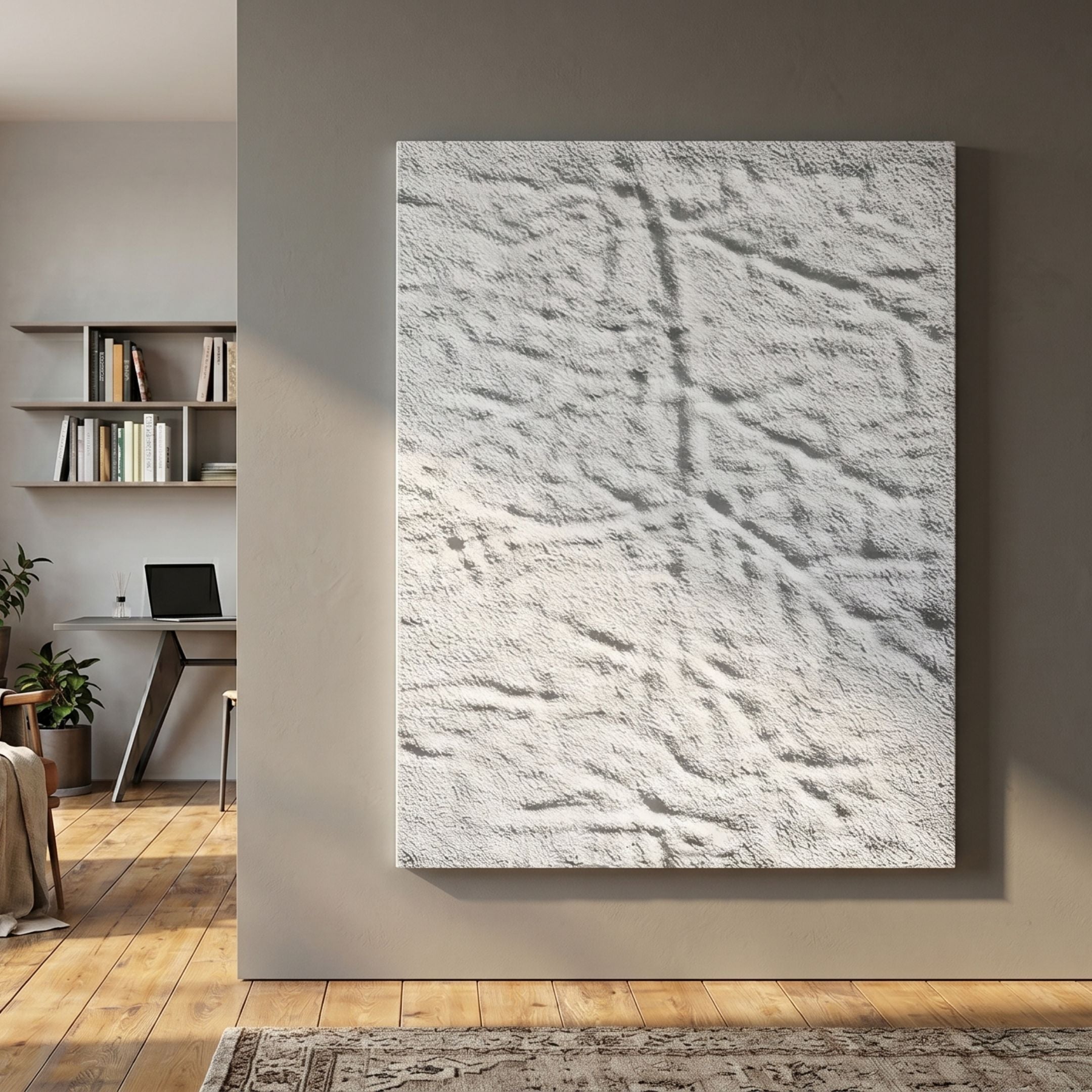 Cavara Bark Vein Textured White 3D Relief Wall Art by Giant Sculptures displayed on a grey wall beside a home office with bookshelves, desk, and wooden flooring.