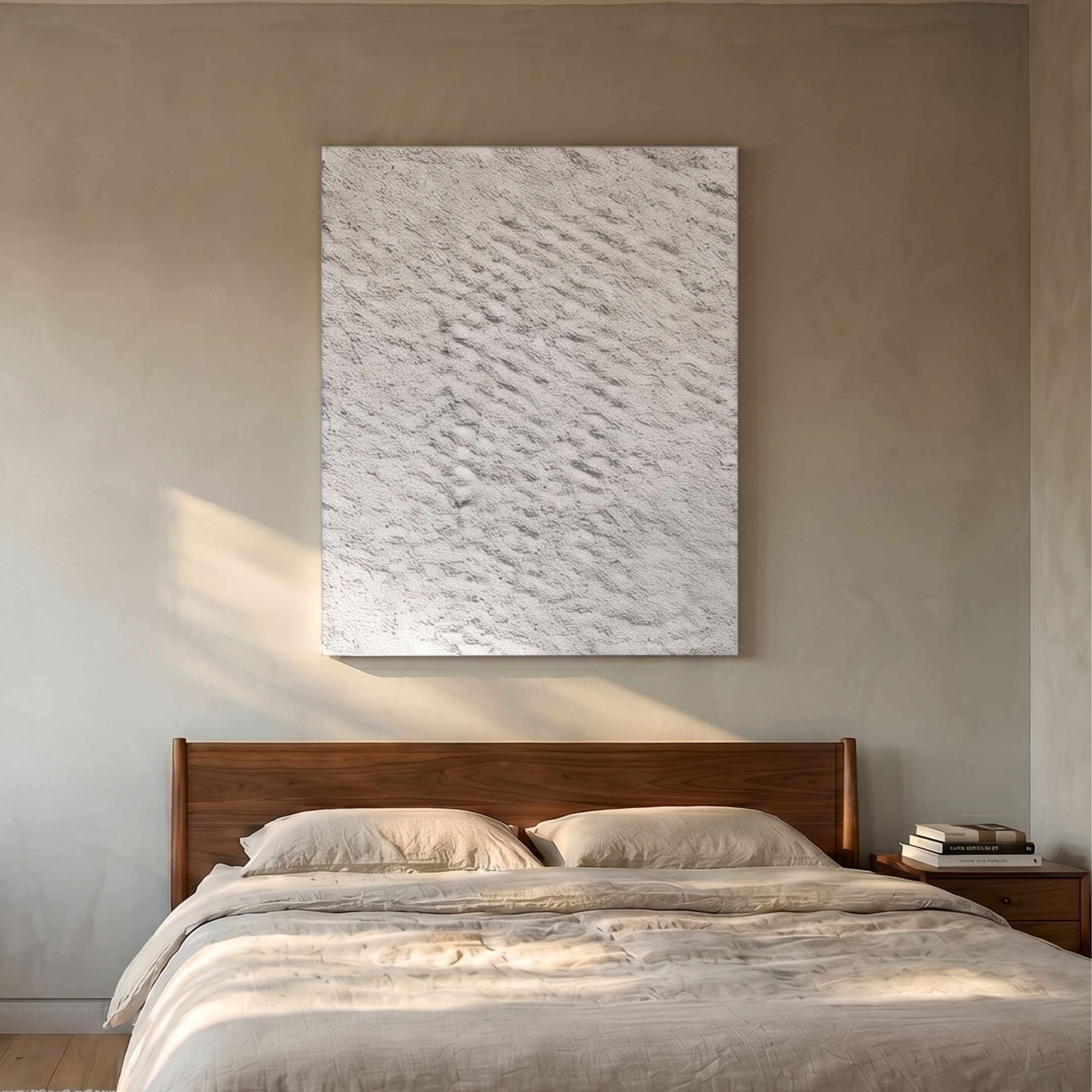 Cavara Rise Textured White 3D Relief Wall Art by Giant Sculptures displayed above a walnut bed with linen bedding in a warm beige bedroom.