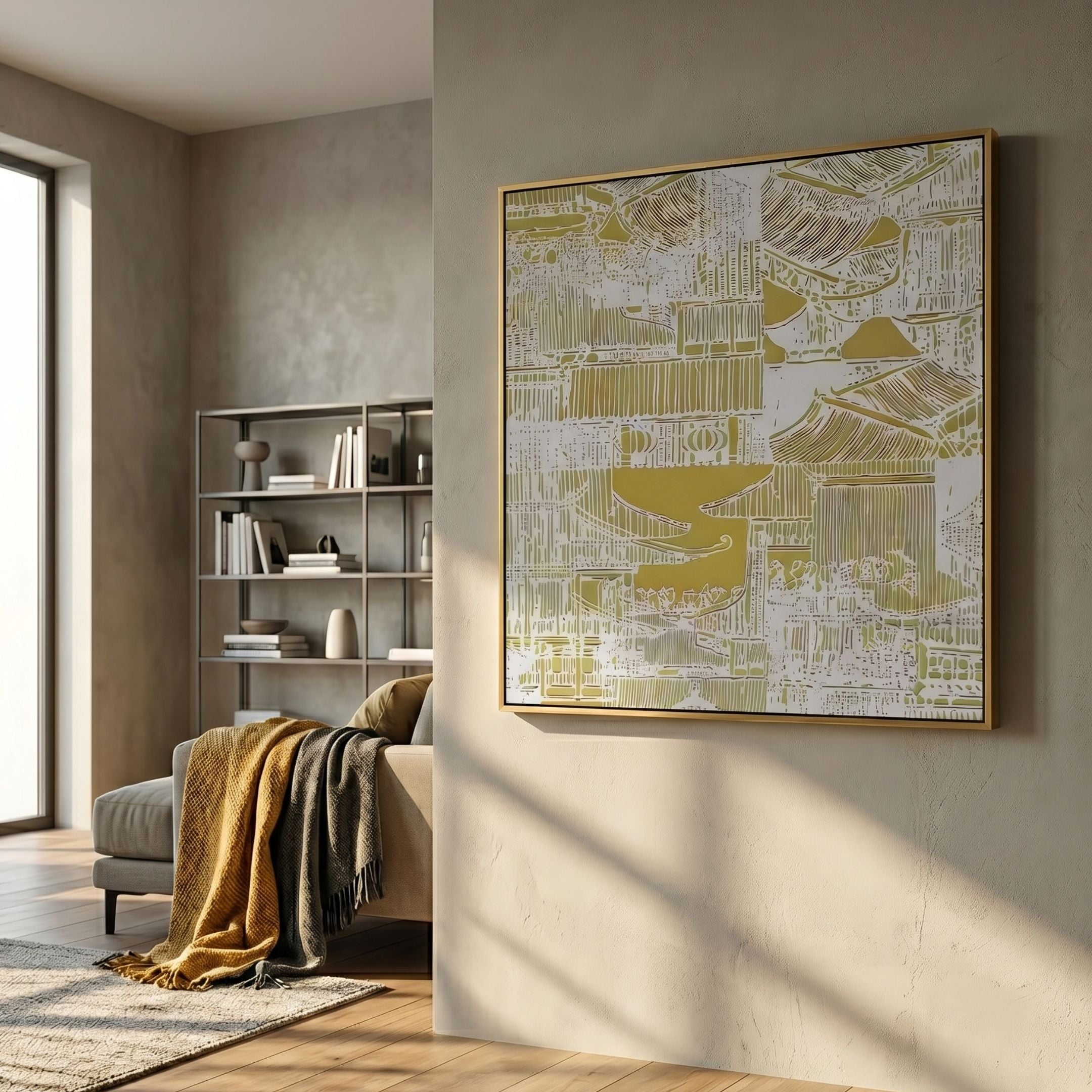 Orienta I Templescape Gold 3D Carving Wall Art by Giant Sculptures displayed in a neutral living room above a grey sofa with throws beside a bookshelf.