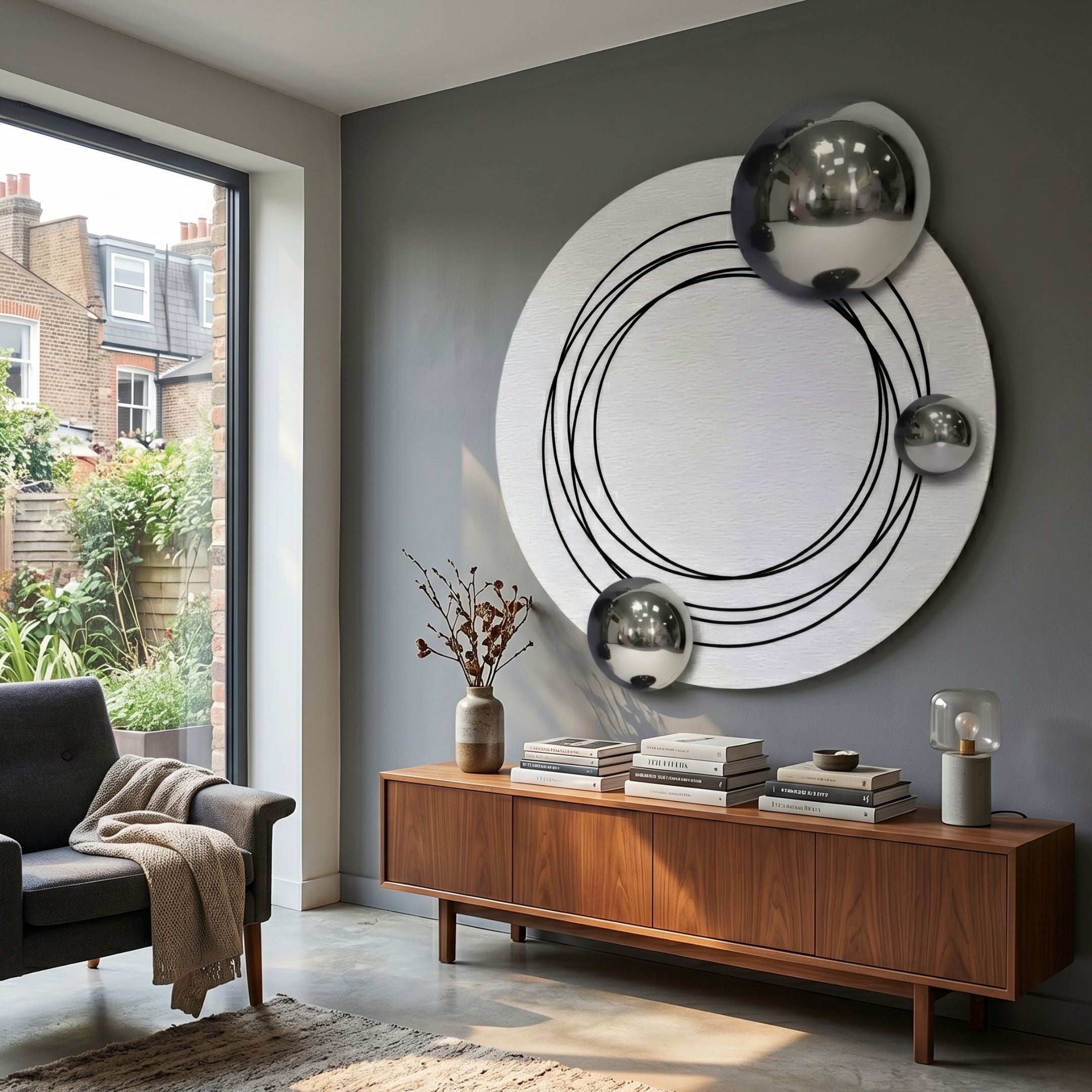Astryn Chrome Orbit Round Textured 3D Wall Art by Giant Sculptures displayed on a grey wall above a walnut sideboard in a modern living room with armchair.