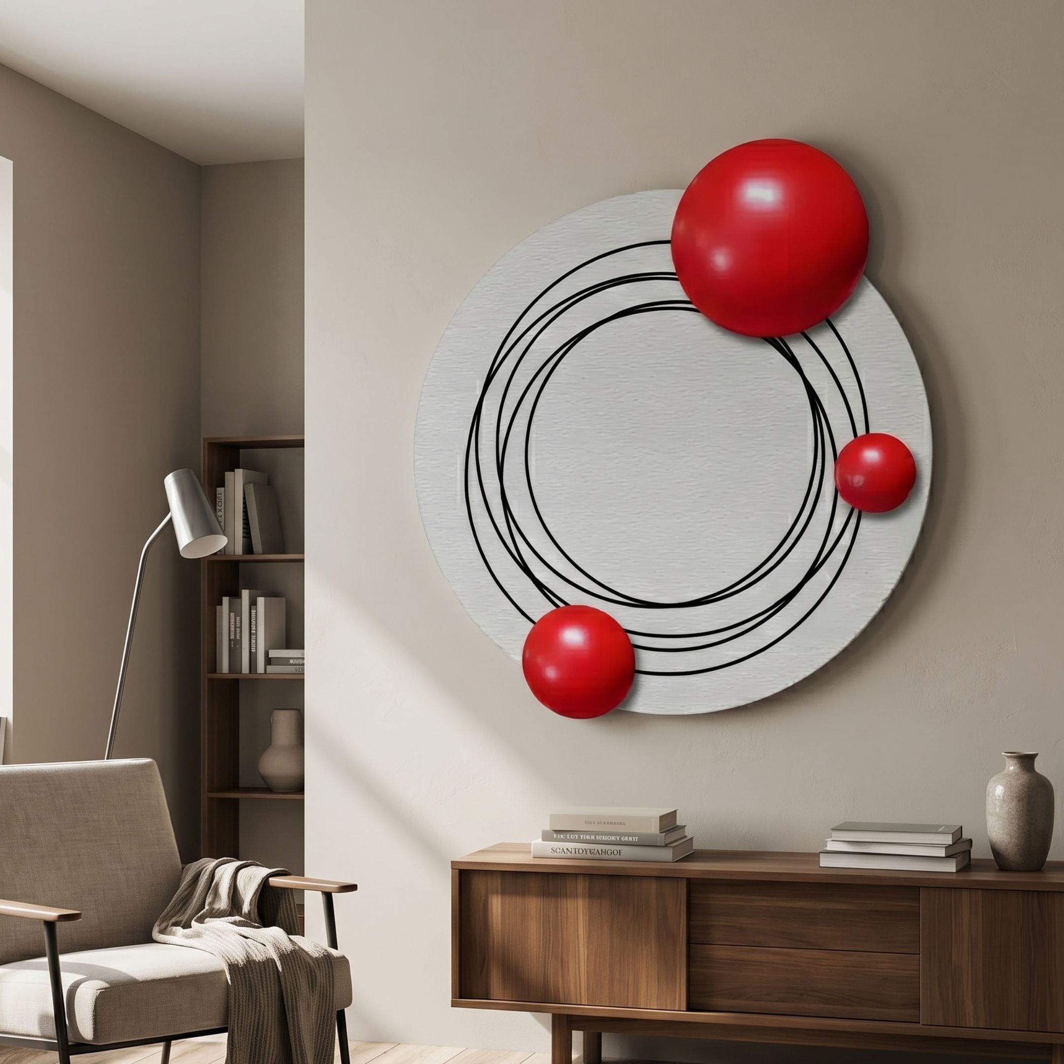 Astryn Red Orbit Round Textured 3D Wall Art by Giant Sculptures, mounted in a modern living room above a walnut sideboard beside an armchair and bookshelf.