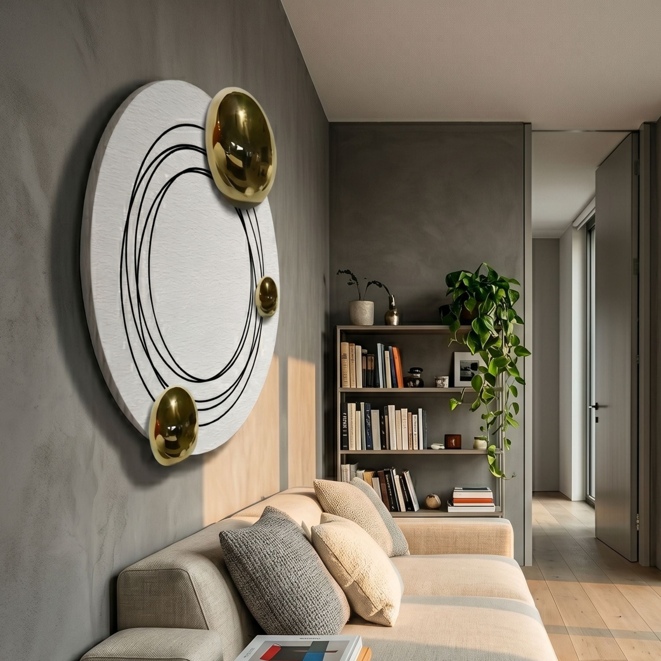Astryn Gold Orbit Round Textured 3D Wall Art by Giant Sculptures displayed above a beige sofa in a modern living room with bookshelf and trailing plant.