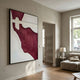 Fluvien Deep Red Flow 3D Carving Wall Art by Giant Sculptures displayed in a neutral living room with wooden floor, beige sofa, and window light.