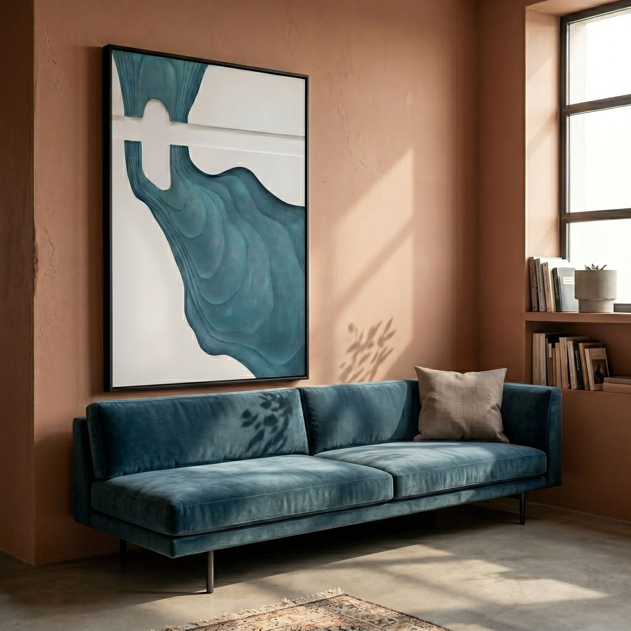 Fluvien Green Flow 3D Carving Wall Art by Giant Sculptures displayed above a blue velvet sofa in a terracotta-walled living room with a sunlit window.