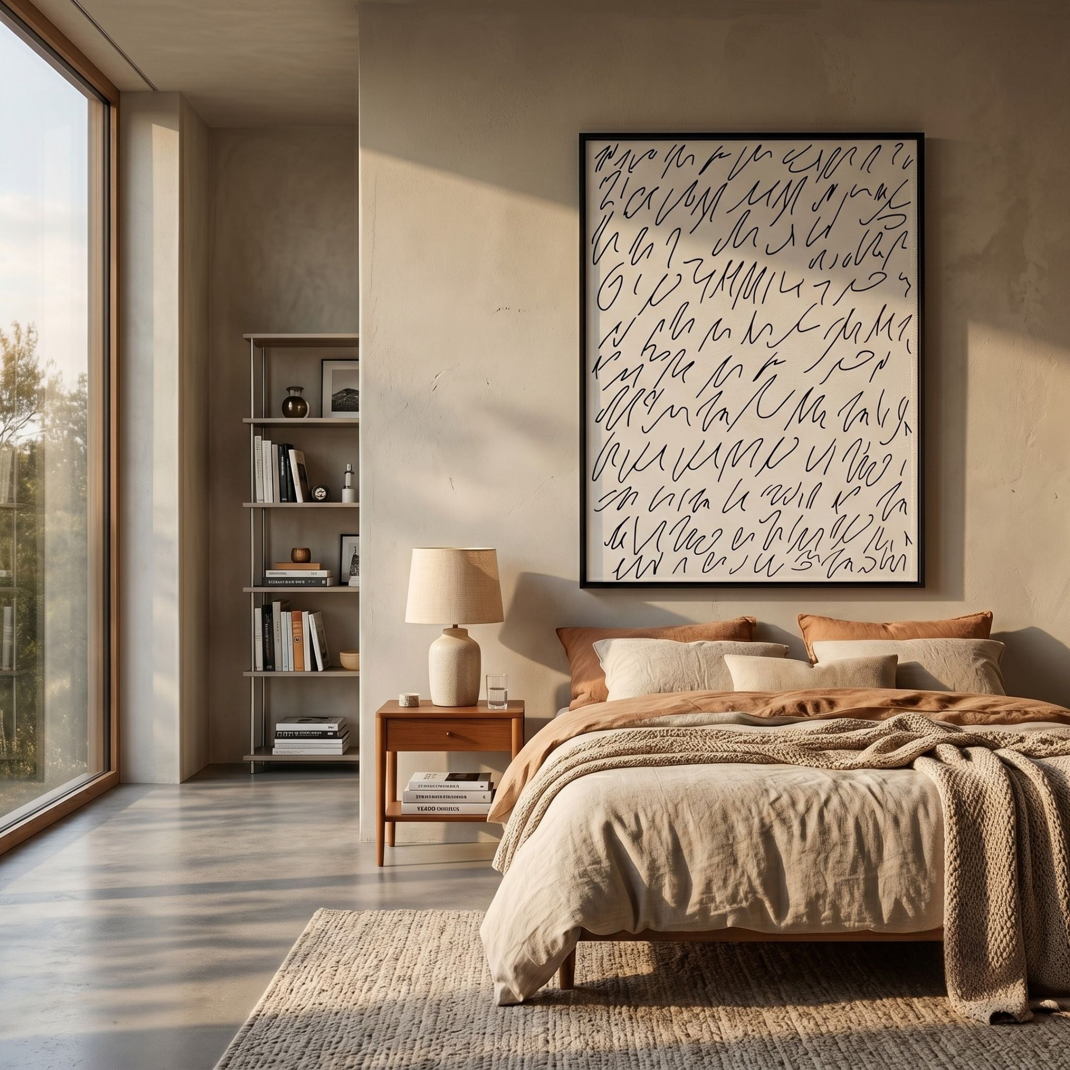 Scriptera Fluid Script 3D Carving Wall Art by Giant Sculptures displayed in a warm minimalist bedroom above a bed with terracotta and linen bedding.