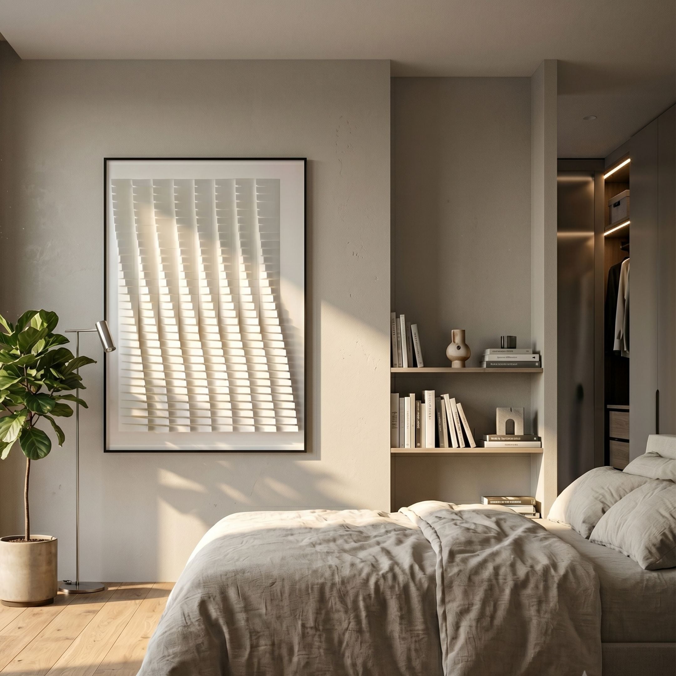 Velistra Arc Wave 3D Relief Wall Art by Giant Sculptures in matte white, hung above a linen-dressed bed beside a fiddle-leaf fig and a bookshelf nook.