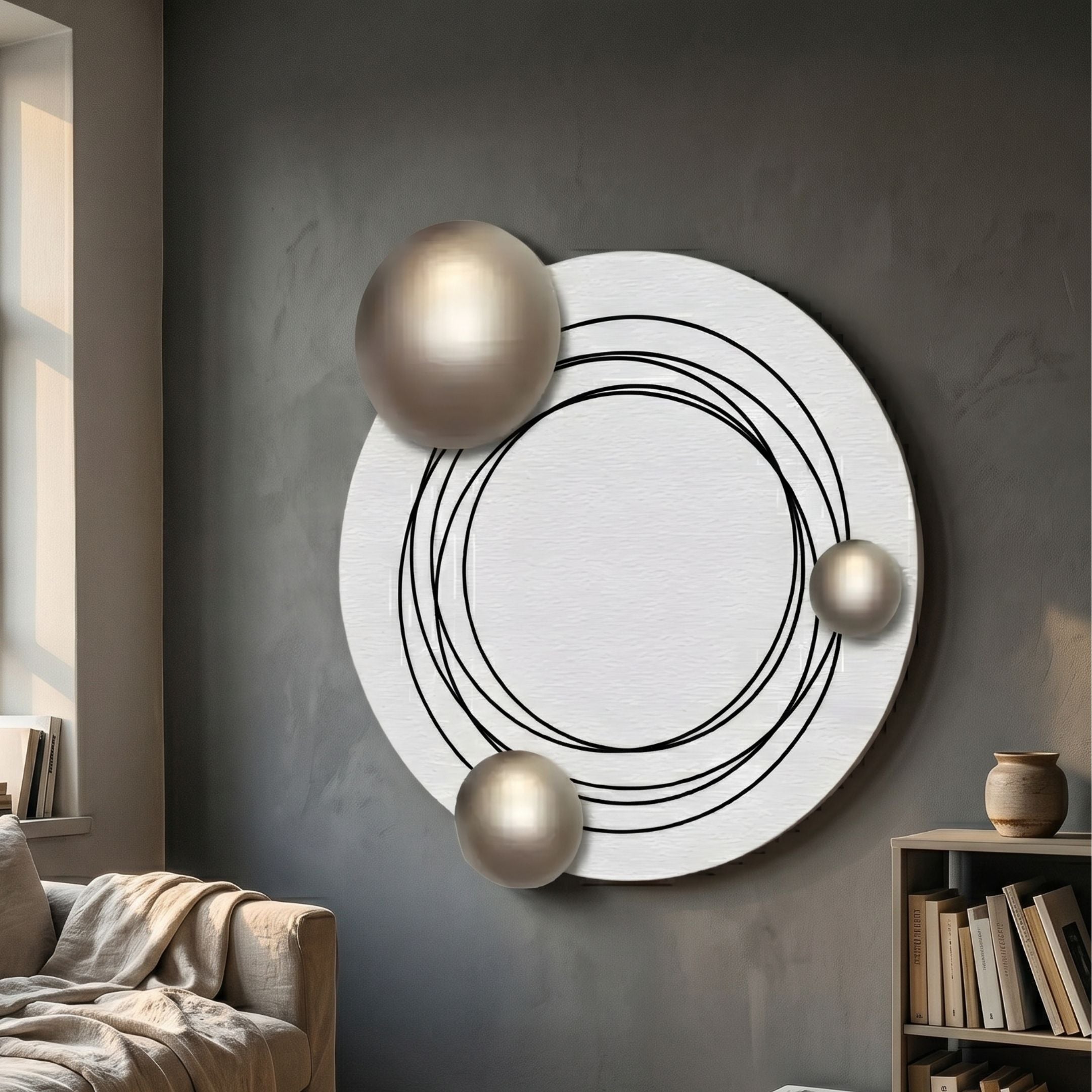 Astryn Silver Orbit Round Textured 3D Wall Art