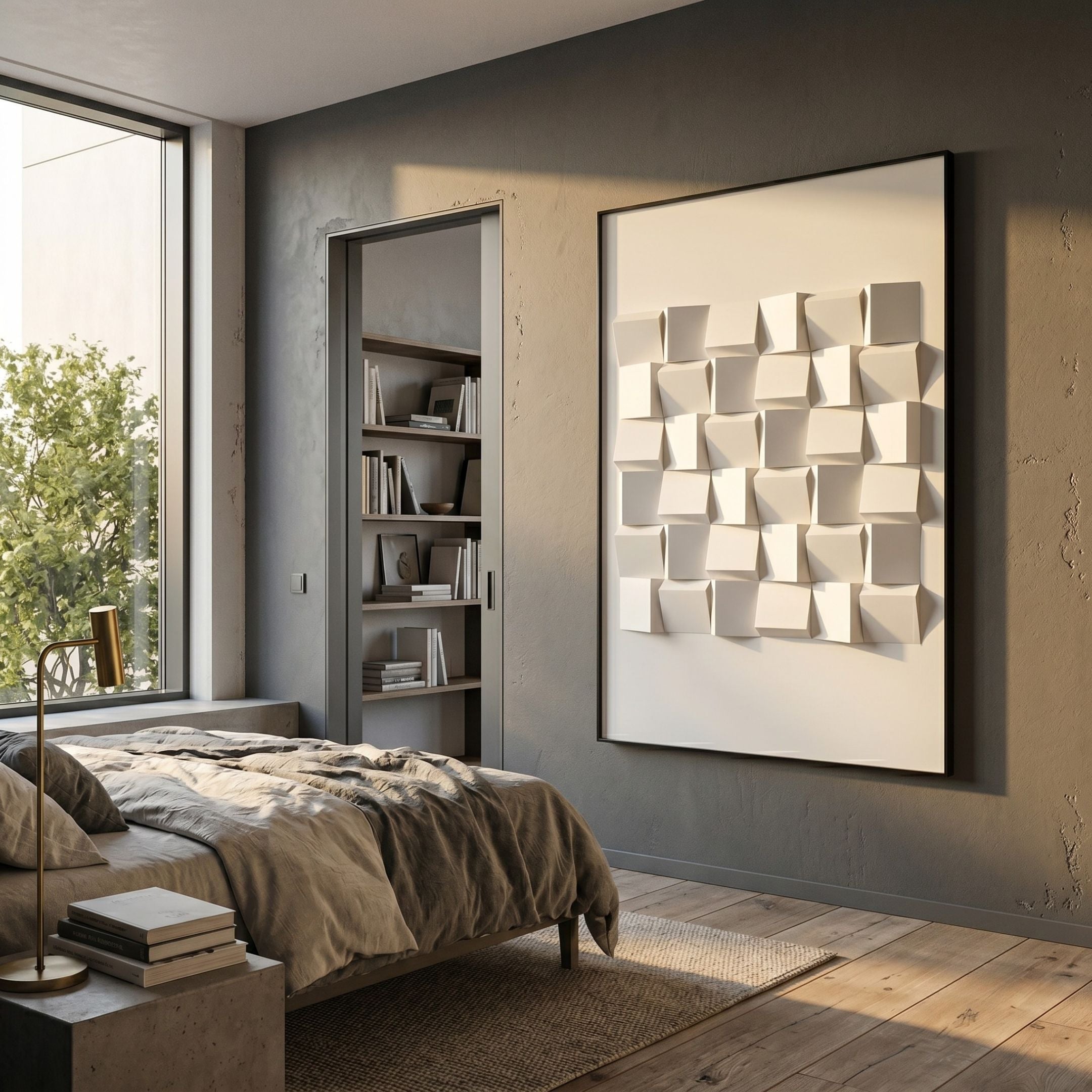 Velistra Cubic Fold 3D Relief Wall Art by Giant Sculptures displayed in a modern bedroom with grey walls, linen bedding, a built-in bookshelf, and large window.