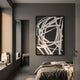 Deralin Charcoal Tangle Abstract 3D Carving Wall Art by Giant Sculptures displayed above a linen-dressed bed in a grey modern bedroom with a tall mirror.