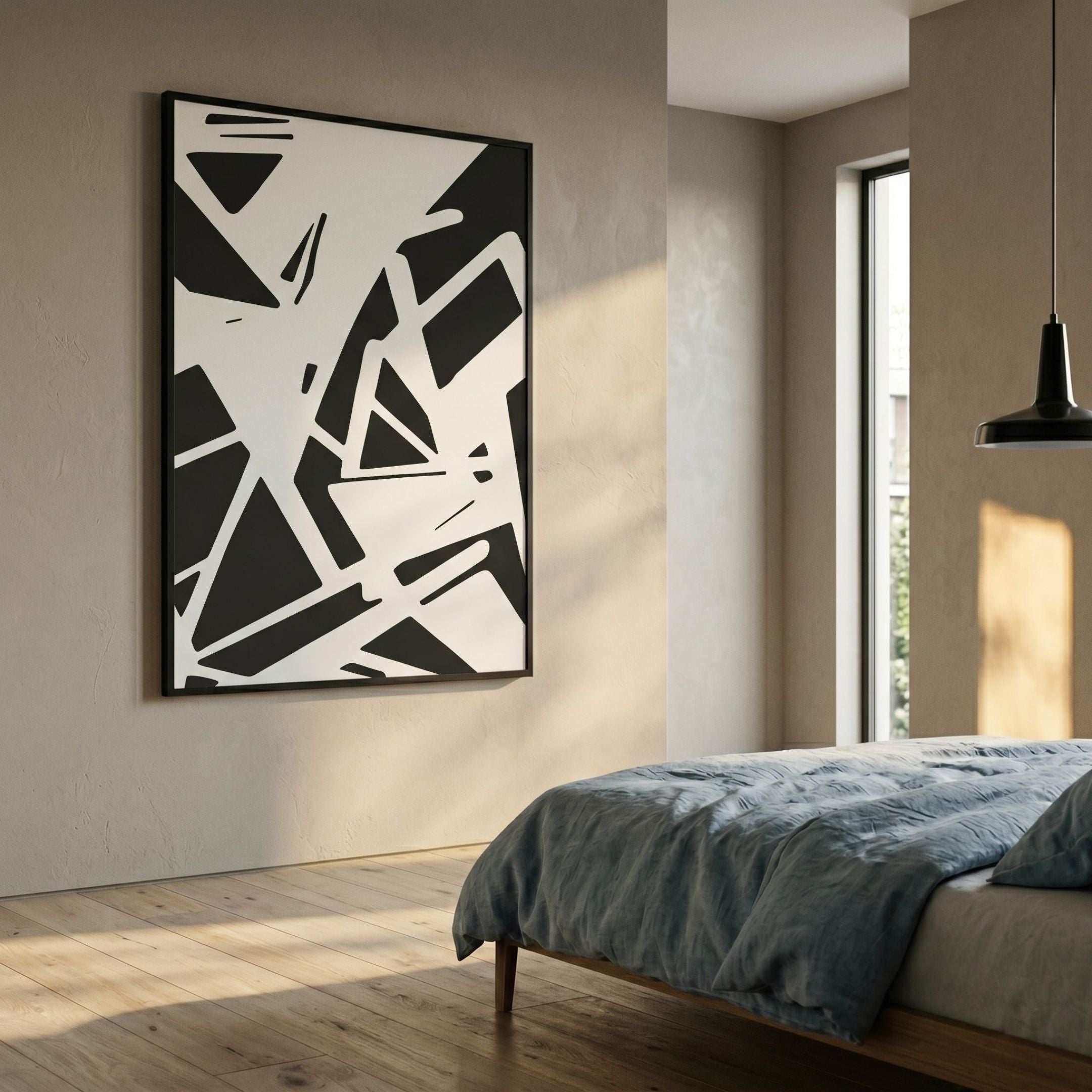 Deralin Charcoal Angled Abstract 3D Carving Wall Art by Giant Sculptures displayed on a beige plaster wall above a bed with blue linen in a sunlit bedroom.