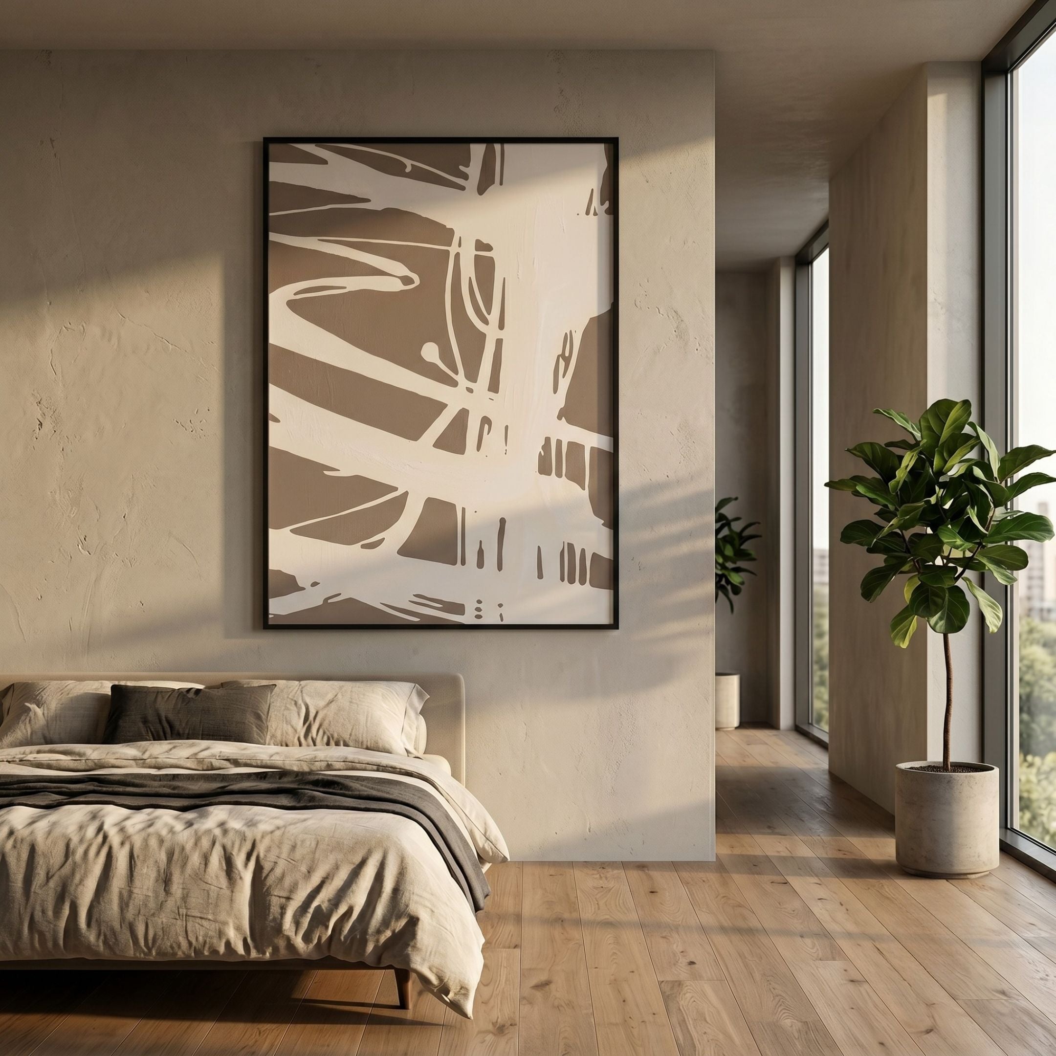 Deralin Mocha Flow Abstract 3D Carving Wall Art in a black frame, displayed above a linen-dressed bed in a sunlit bedroom with a fiddle leaf fig by the window.