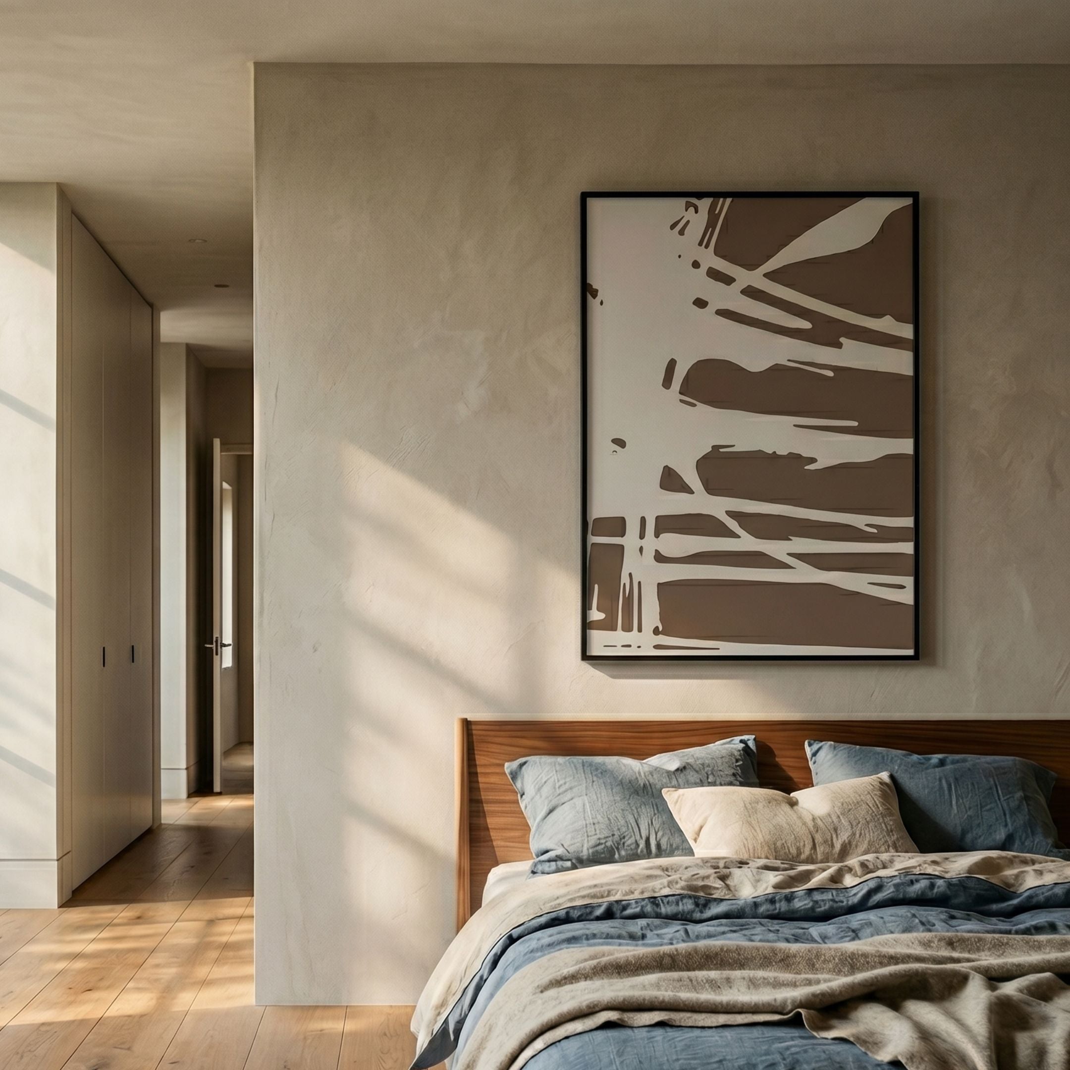 Deralin Mocha Drift Abstract 3D Carving Wall Art in a black frame above a wood-headboard bed with blue linen, mounted on a cream wall beside a hallway.