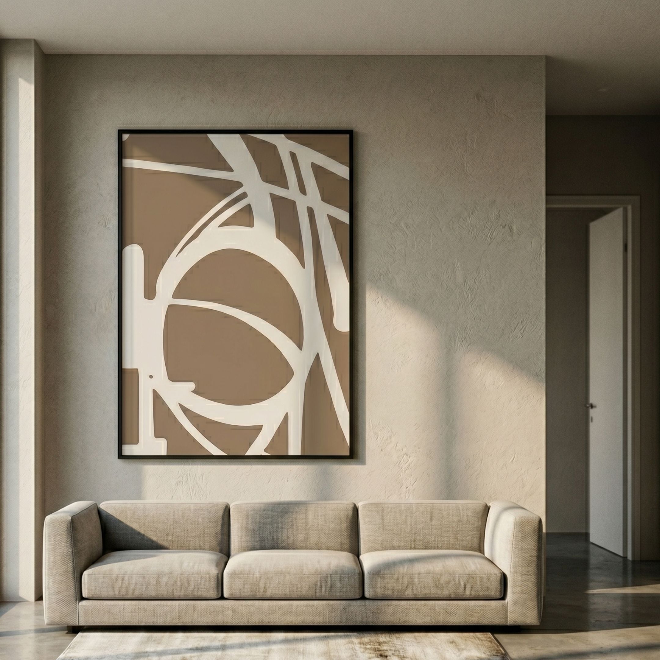 Deralin Mocha Orbital Abstract 3D Carving Wall Art with white carved orbital lines on mocha-brown, hung above a beige sofa in a neutral living room.